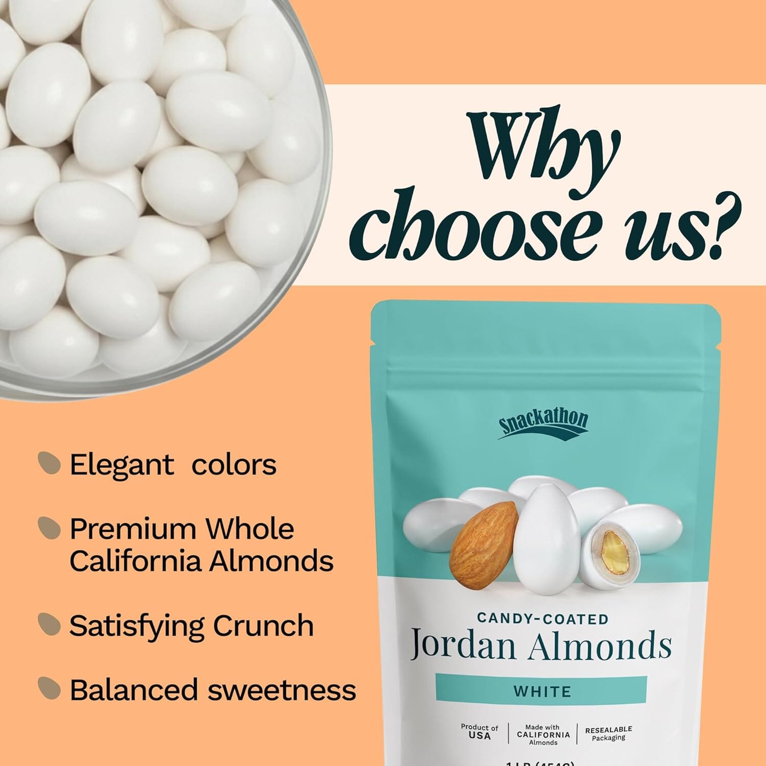 Snackathon Jordan Almonds, White Candy-Coated Almonds, 1 LB Resealable Bag, Made in USA, Bulk Italian Confetti Wedding Favors, Baby & Bridal Showers, Party Buffets, Events & Holidays Snackathon 