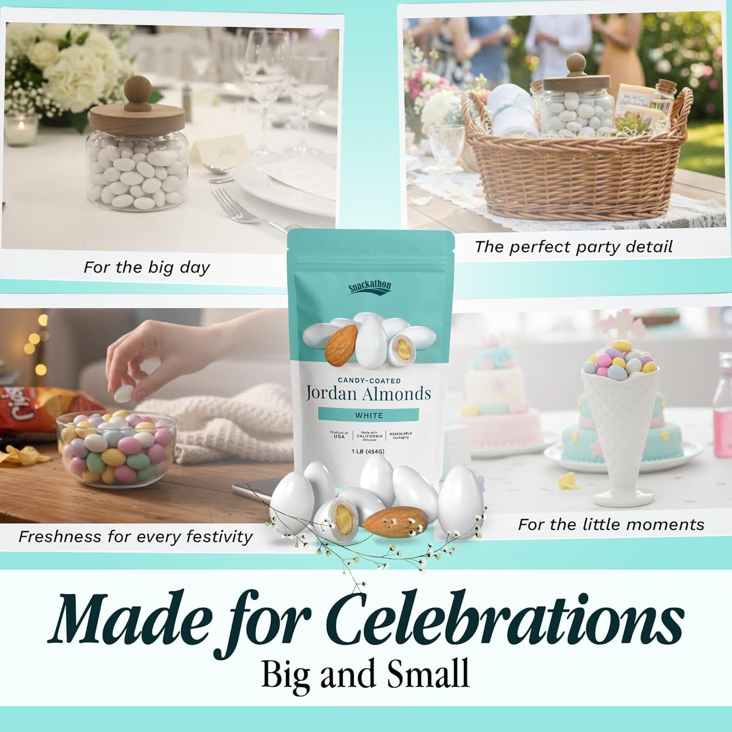 Snackathon Jordan Almonds, White Candy-Coated Almonds, 1 LB Resealable Bag, Made in USA, Bulk Italian Confetti Wedding Favors, Baby & Bridal Showers, Party Buffets, Events & Holidays Snackathon 
