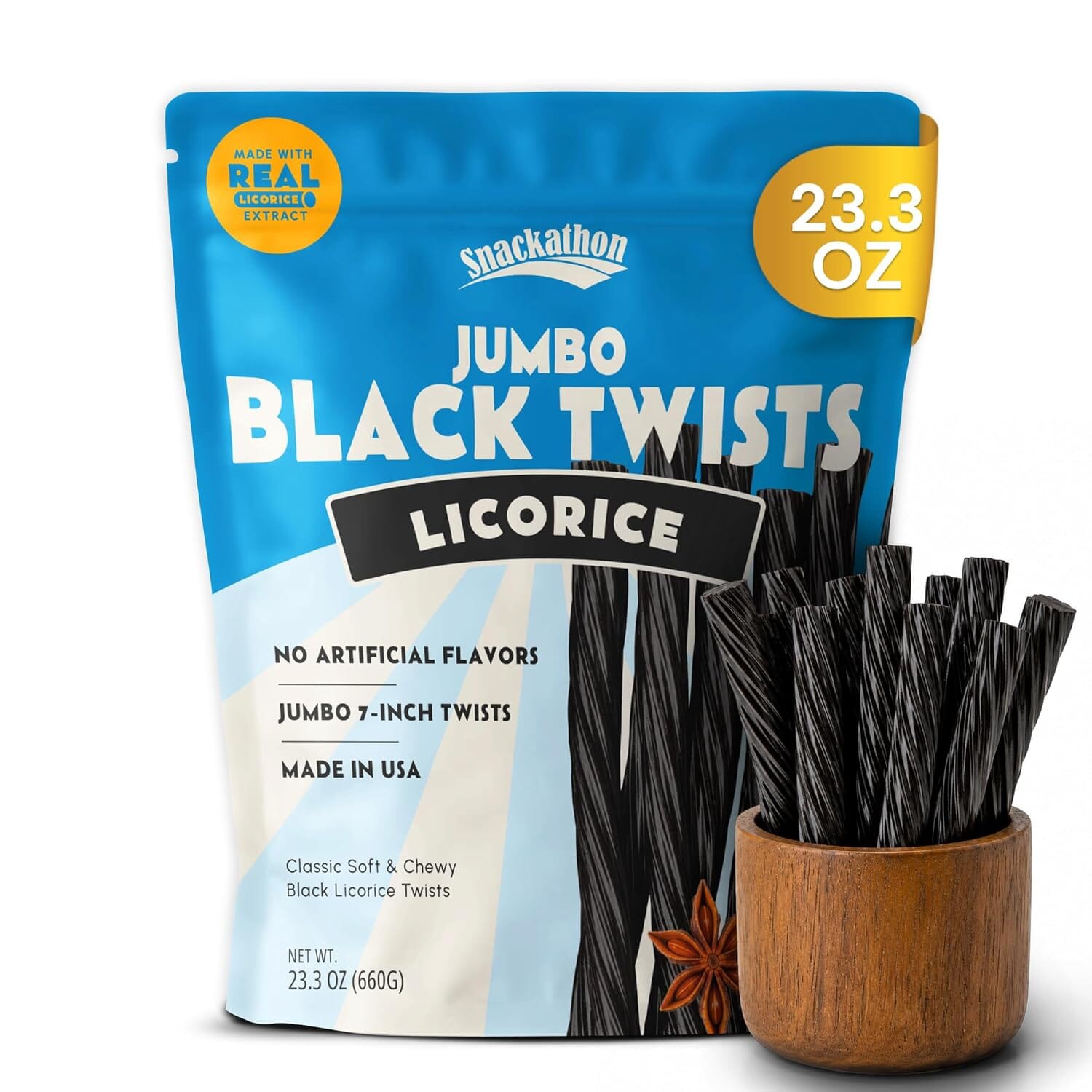 Snackathon Jumbo Black Licorice Twists, Resealable Bulk Bag, 7-inch Chewy Gourmet Licorice Ropes, Classic Old-Fashioned Candy Sticks for Parties, Snacking & Candy Jars, Made in USA Snackathon Jumbo Black Twists 23.3 Ounce 