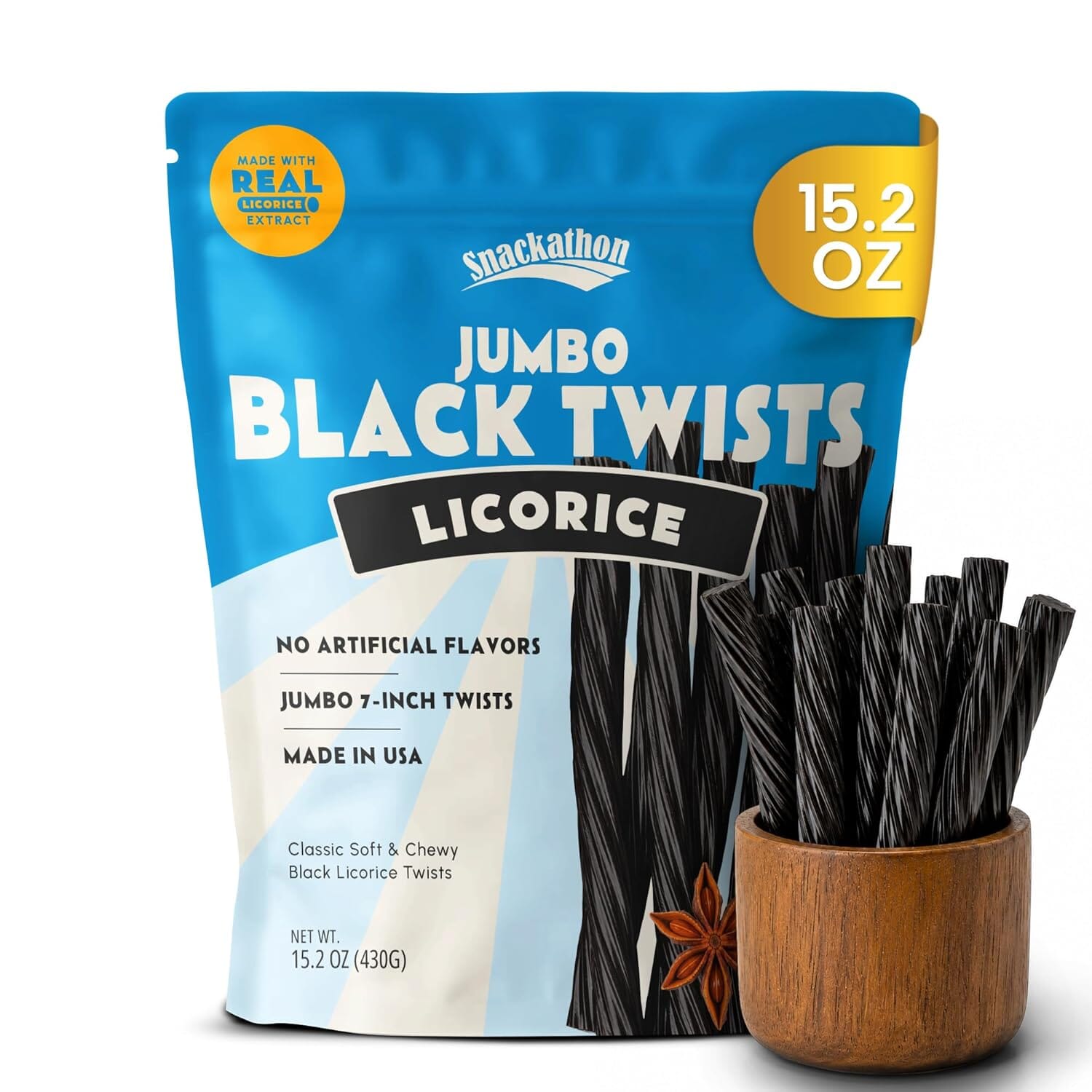 Snackathon Jumbo Black Licorice Twists, Resealable Bulk Bag, 7-inch Chewy Gourmet Licorice Ropes, Classic Old-Fashioned Candy Sticks for Parties, Snacking & Candy Jars, Made in USA Snackathon Jumbo Black Twists 15.2 Ounce 