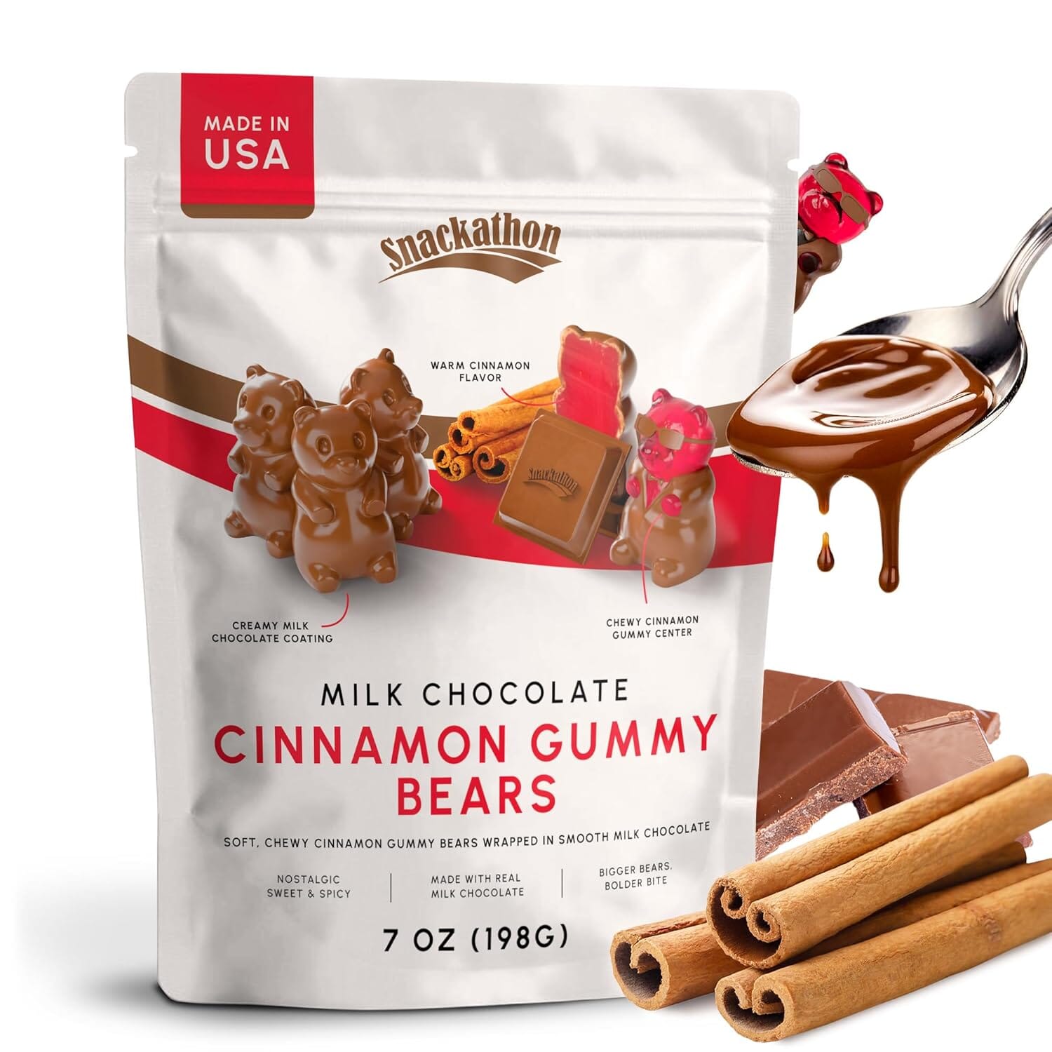 Snackathon Milk Chocolate Cinnamon Gummy Bears – Sweet & Spicy Gourmet Candy Snackathon 7 Ounce 