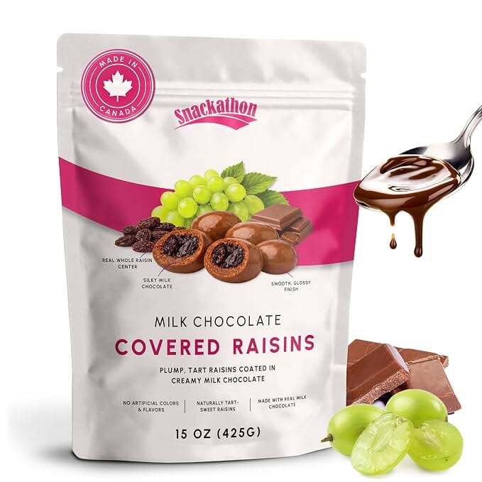 Snackathon Milk Chocolate Covered Raisins, Chewy Thompson Milk Chocolate Coated Raisins Snackathon Foods Milk Chocolate Raisins 15 Ounce 