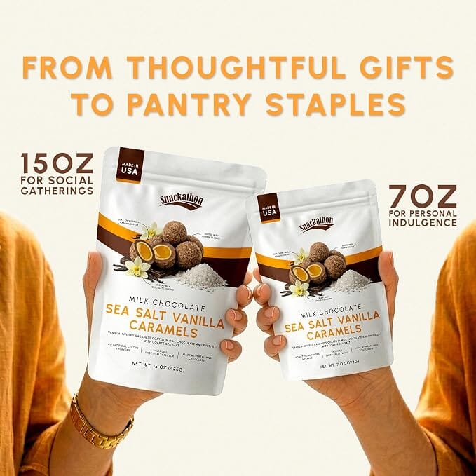 Snackathon Milk Chocolate Sea Salt Vanilla Caramels, Vanilla Infused Chocolate Covered Gourmet Candy Snackathon 