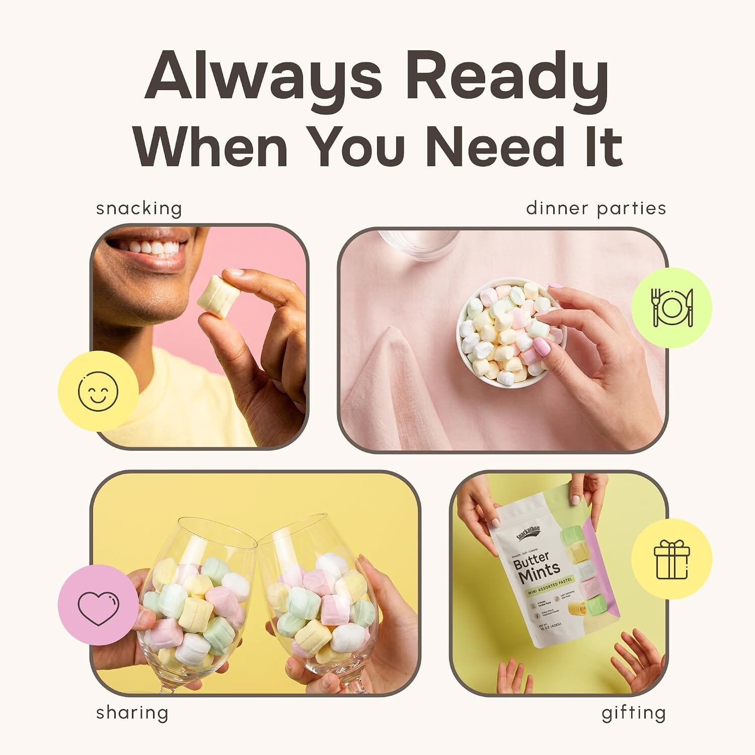 Snackathon Mini Assorted Pastel Buttermints, Bulk After-Dinner Mints. Resealable Bag, Soft & Creamy Pillow Butter Mints, Assorted Pastel Colors, Made for Weddings, Dinners & Parties Snackathon 