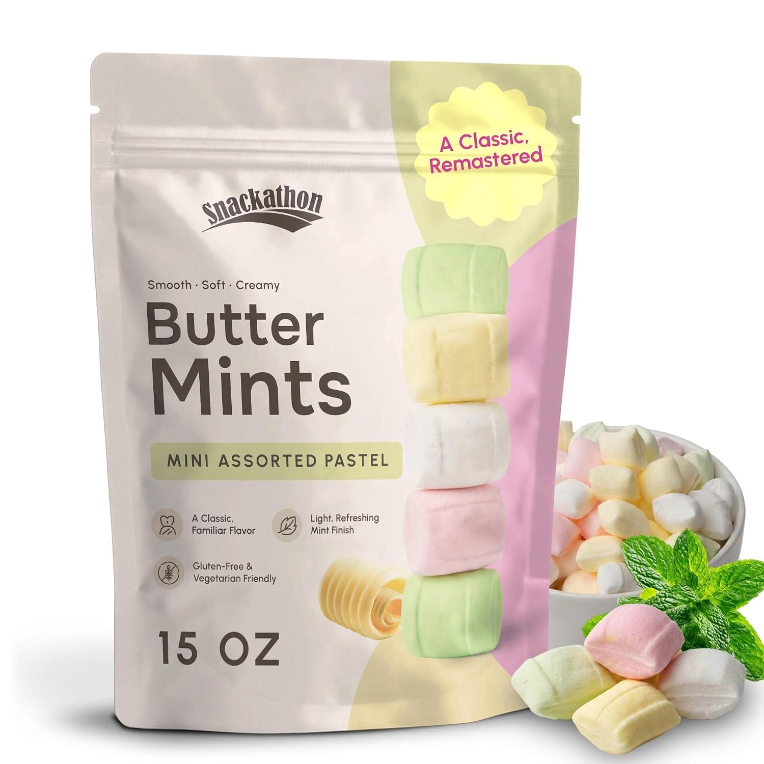 Snackathon Mini Assorted Pastel Buttermints, Soft After-Dinner Mints Snackathon Mini Assorted Pastel 15 Ounce 