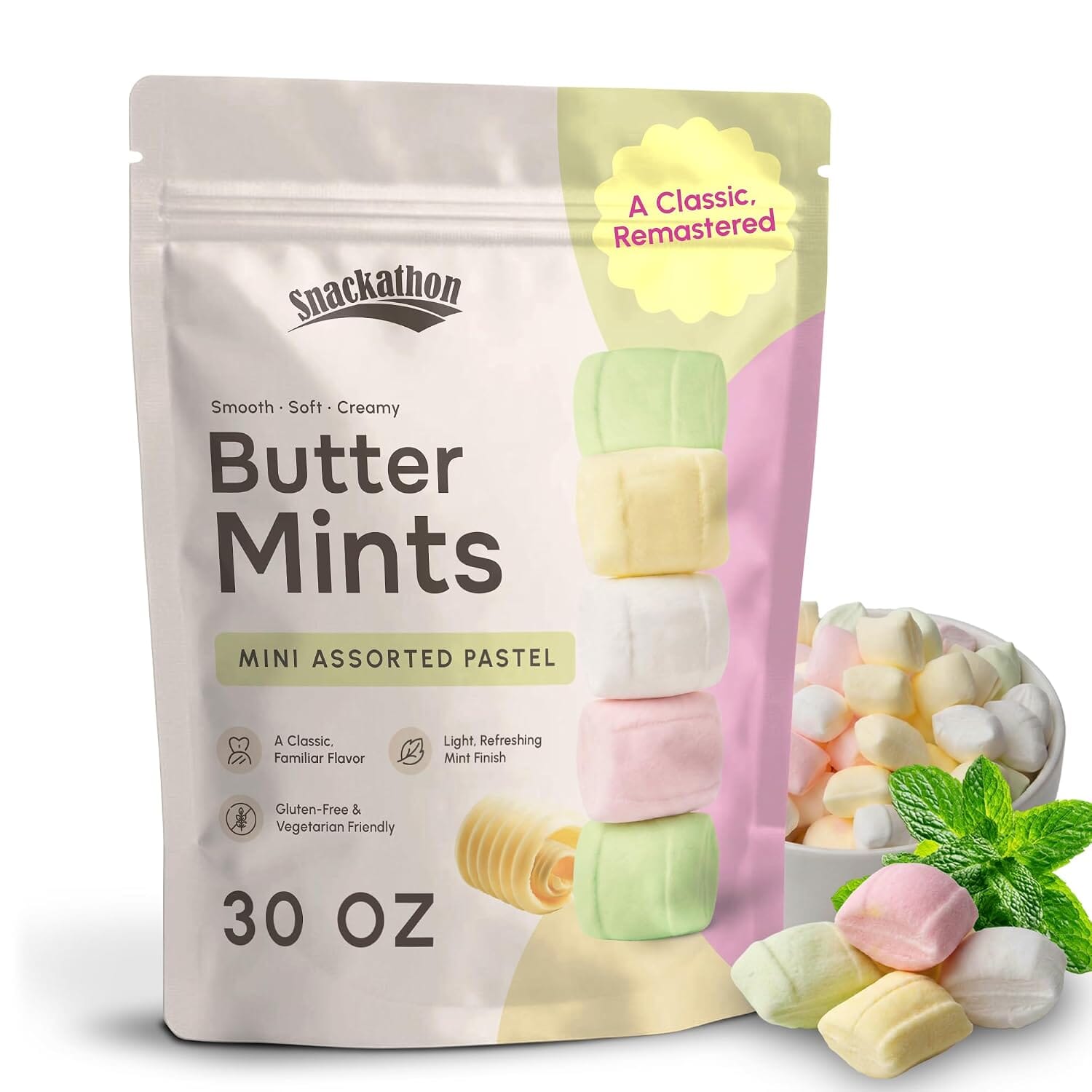 Snackathon Mini Assorted Pastel Buttermints, Soft After-Dinner Mints Snackathon Mini Assorted Pastel 30 Ounce 