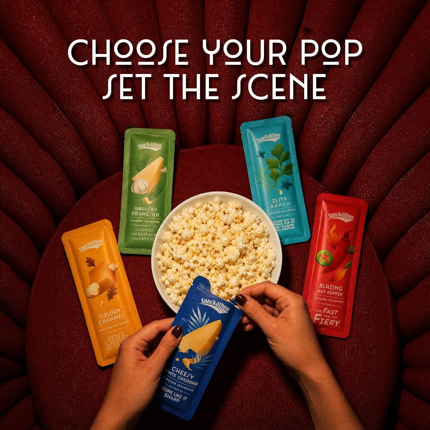 Snackathon Movie Night Popcorn Gift Set, 4 Gourmet Kernels & 5 Seasonings 16 pcs Movie Night Gift Basket, Non-GMO Gourmet Popcorn Varieties, Gift Kit for Family Date Night & Housewarming, Made in USA Snackathon 