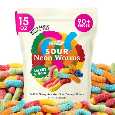 Snackathon Neon Sour Gummy Worms Candy, Soft & Chewy Sour Worms, Colorful Sweet & Sour Gummy Candy in Assorted Fruit Flavors, Resealable Bag for Snacking & Sharing Snackathon Sour Neon Worms 15 Ounce 
