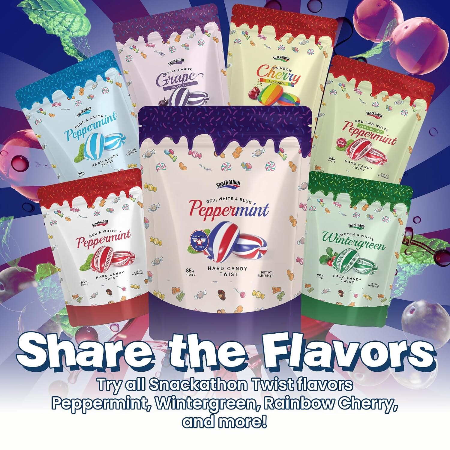Snackathon Peppermint Twists Hard Candy, Patriotic Red, White & Blue Twists, 1 Pound Snackathon 