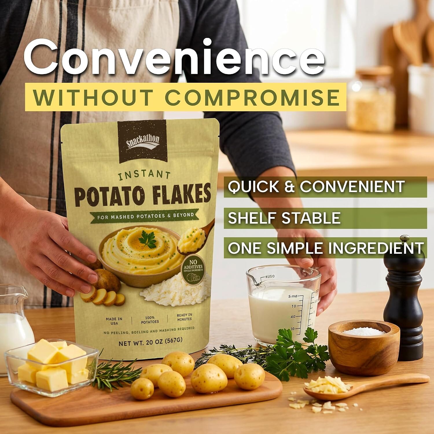 Snackathon Potato Flakes, No Additives, Instant Mashed Potatoes | Single Ingredient, Vegan, Non-GMO, Dairy-Free, Shelf Stable, Ready in Minutes, Grown & Made in USA, For Soups & Baking Snackathon 