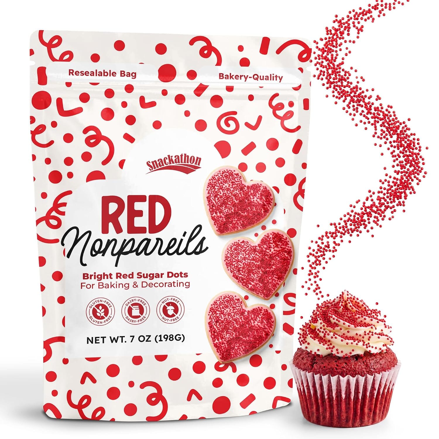 Snackathon Red Nonpareils Sprinkles, 7 oz, Festive Red Sugar Dot Sprinkles Snackathon Red Nonpareils 7 Ounce 