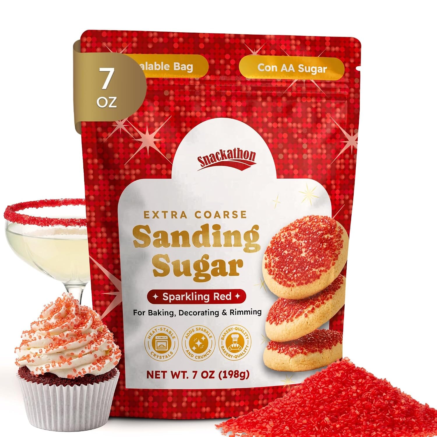 Snackathon Red Sanding Sugar, 7 oz, Extra Coarse for Baking & Decorating, Red Shimmering Crystals, Heat Resistant Sugar Sprinkles, Bright Edible Finishing Sugar for Cupcakes, Cookies & Drinks Snackathon Red 7 Ounce 