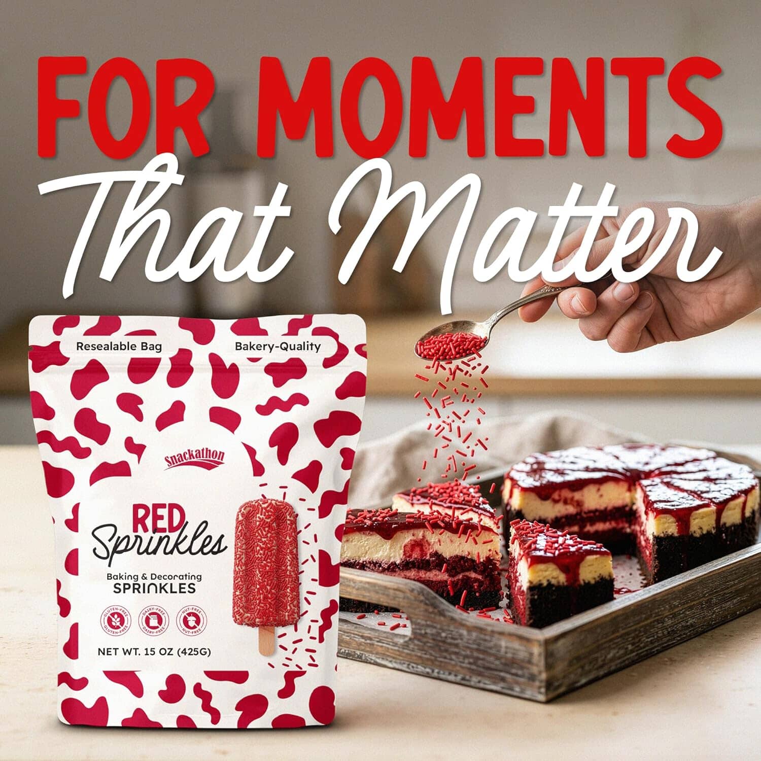 Snackathon Red Sprinkles (Jimmies), 15 oz Resealable Pouch, Gluten-Free Baking & Decorating Topping Snackathon 