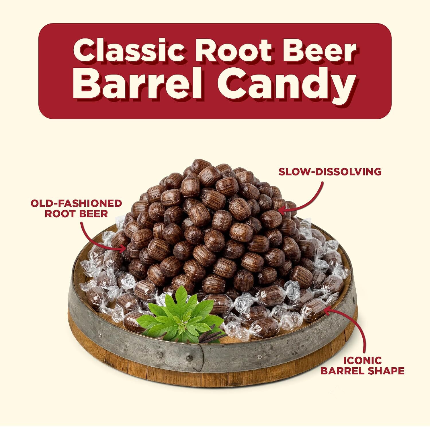 Snackathon Root Beer Barrels Hard Candy, Classic Barrel Shape Snackathon 