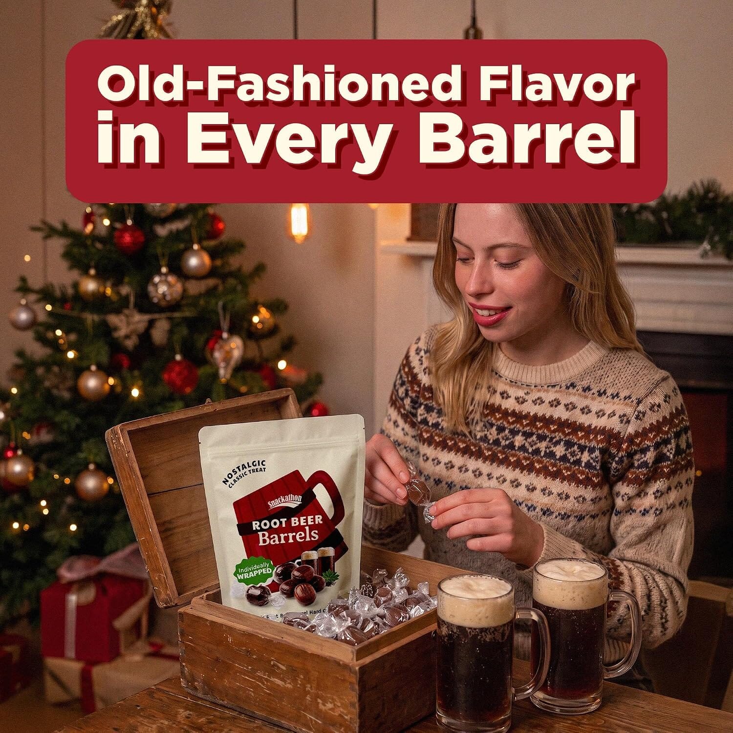 Snackathon Root Beer Barrels Hard Candy, Classic Barrel Shape Snackathon 