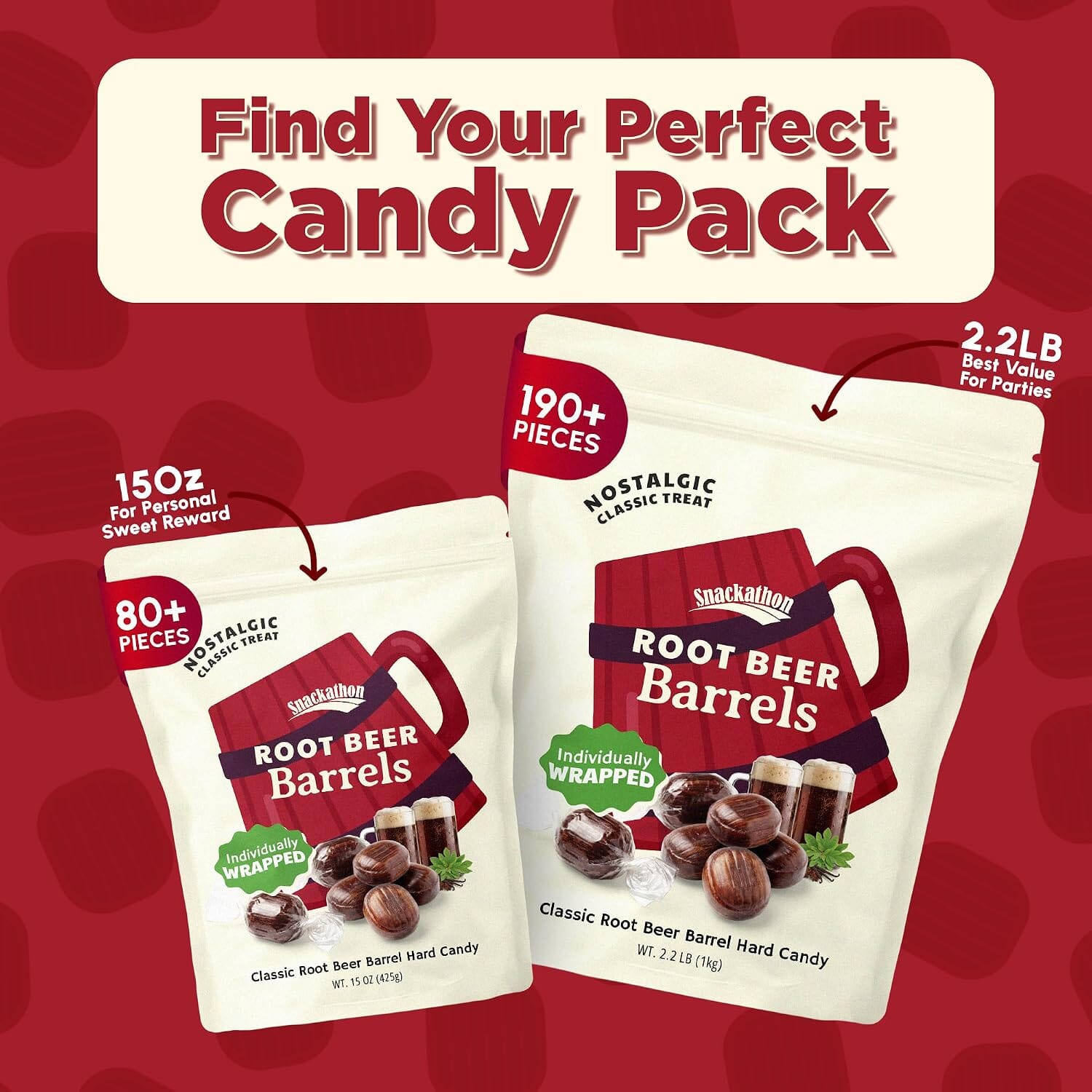 Snackathon Root Beer Barrels Hard Candy, Old Fashioned Rootbeer Candy, Classic Barrel Shape, Resealable Bag for Sharing & Candy Bowls Snackathon 