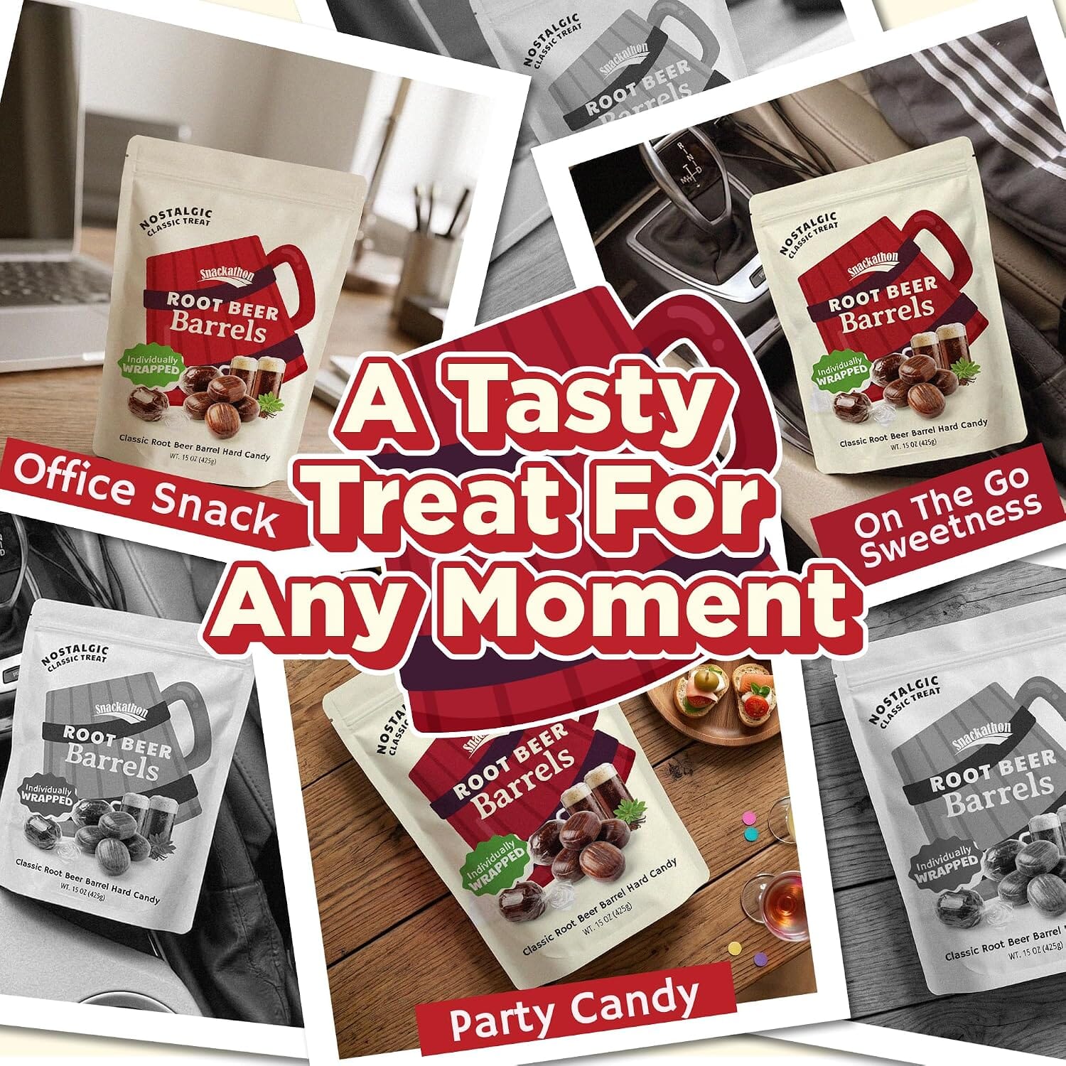 Snackathon Root Beer Barrels Hard Candy, Old Fashioned Rootbeer Candy, Classic Barrel Shape, Resealable Bag for Sharing & Candy Bowls Snackathon 