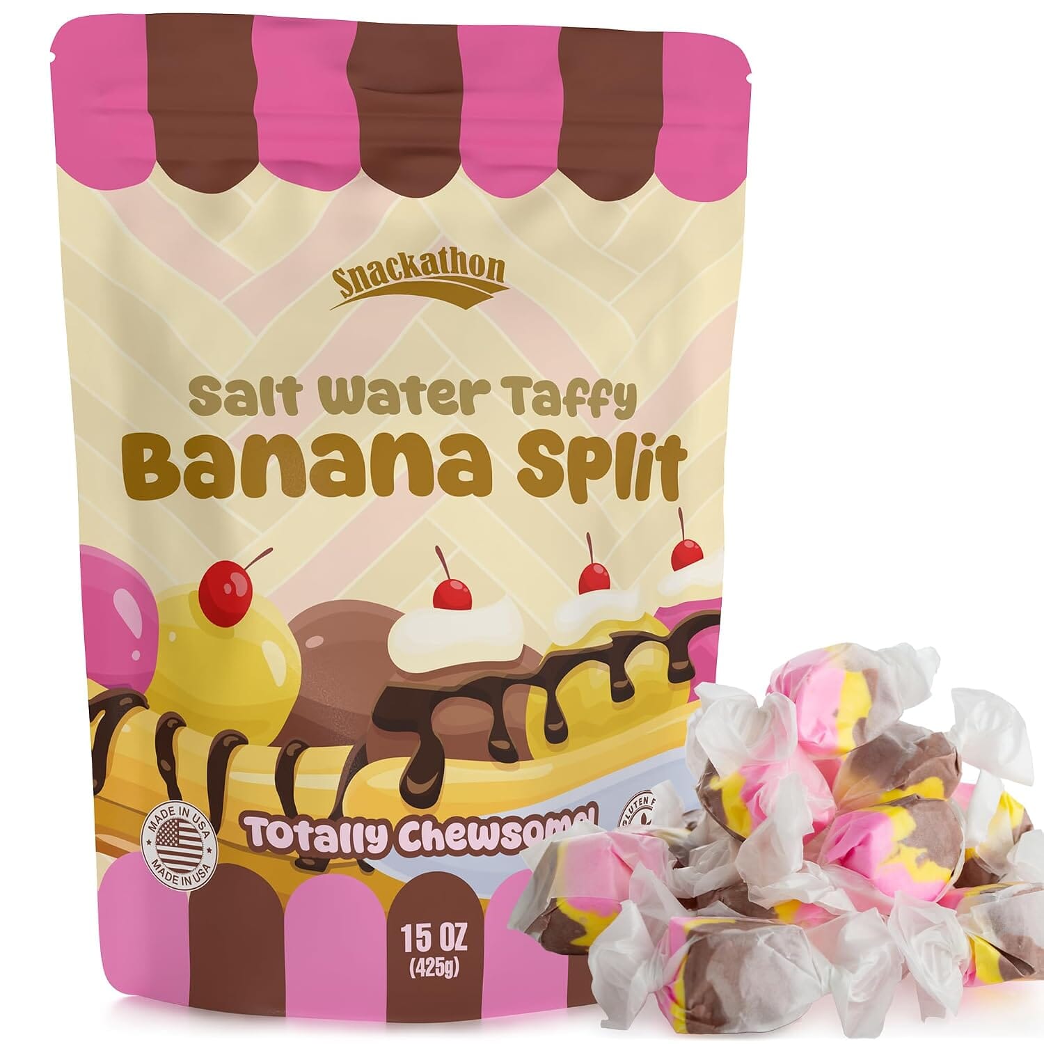 Snackathon Salt Water Taffy Single Flavor, Banana Split, 15 Ounce Snackathon Banana Split 15 Ounce 