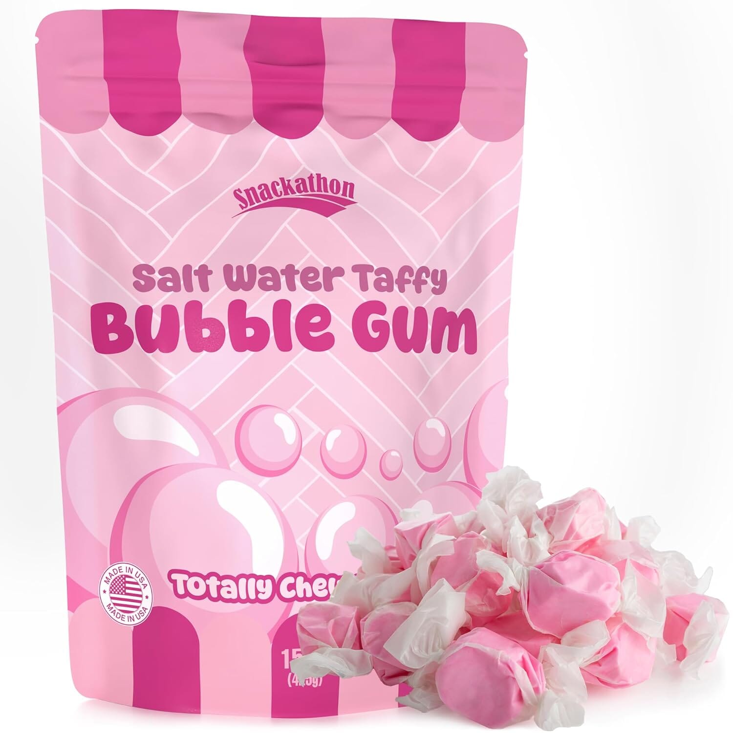 Snackathon Salt Water Taffy Single Flavor, Bubble Gum, Bulk Individually Wrapped Gourmet Candy, Soft & Chewy Sweet Treats, 15 oz Resealable Bag Snackathon 