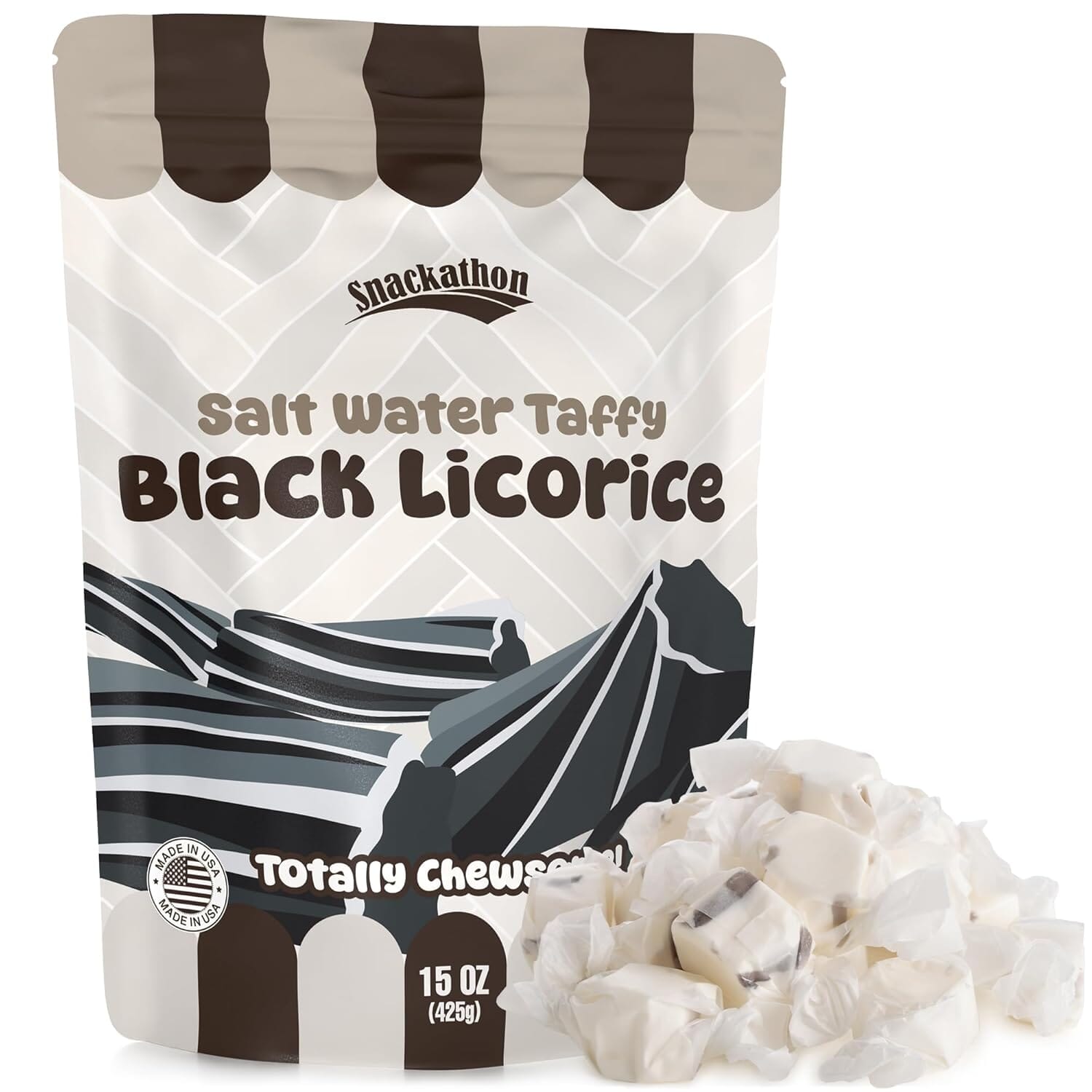 Snackathon Salt Water Taffy Single Flavor, Bulk Individually Wrapped Gourmet Candy, Soft & Chewy Sweet Treats, 15 oz Resealable Bag Snackathon Black Licorice 