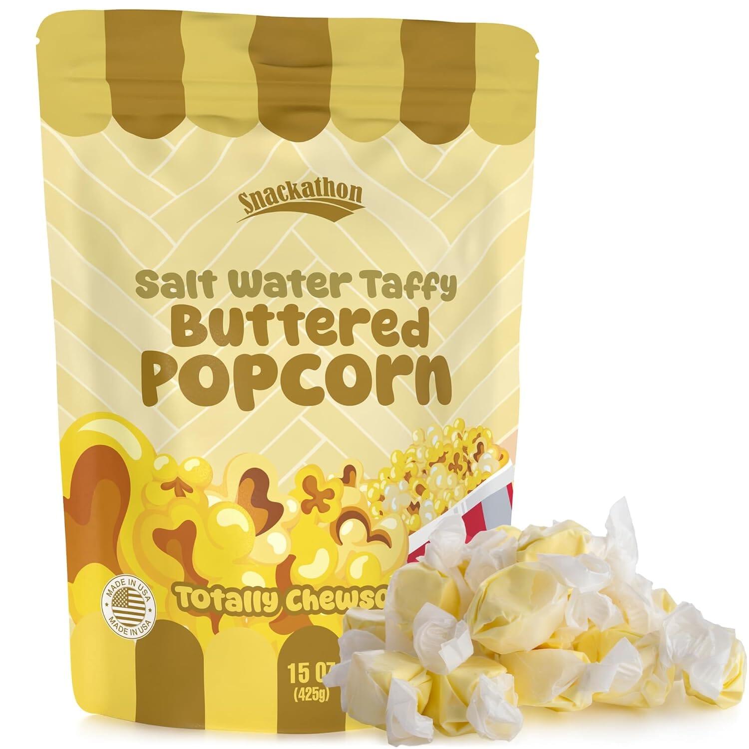 Snackathon Salt Water Taffy Single Flavor, Buttered Popcorn, Bulk Individually Wrapped Gourmet Candy, Soft & Chewy Sweet Treats, 15 oz Resealable Bag Snackathon 