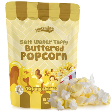 Snackathon Salt Water Taffy Single Flavor, Buttered Popcorn, Bulk Individually Wrapped Gourmet Candy, Soft & Chewy Sweet Treats, 15 oz Resealable Bag Snackathon 