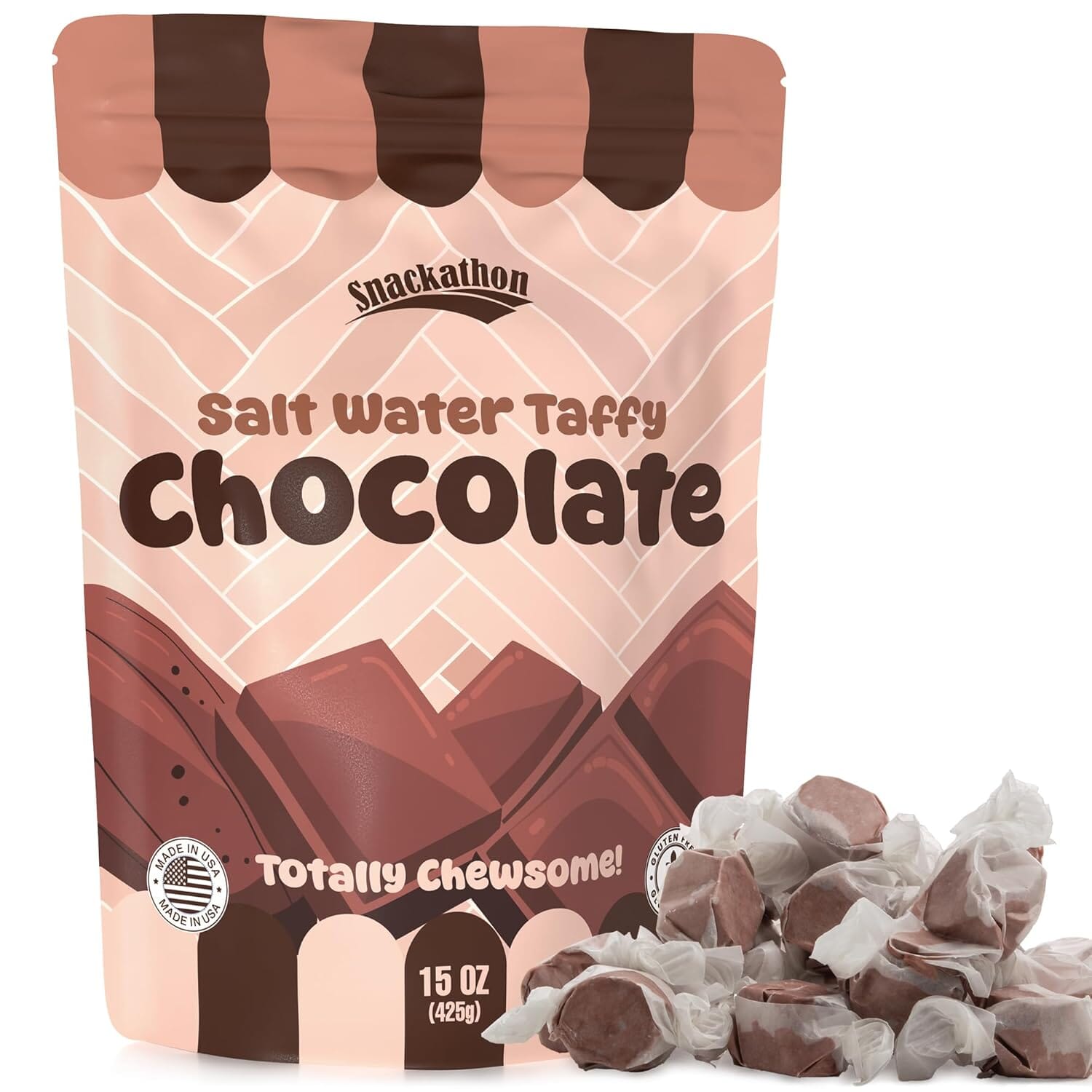 Snackathon Salt Water Taffy Single Flavor, Chocolate, Bulk Individually Wrapped Gourmet Candy, Soft & Chewy Sweet Treats, 15 oz Resealable Bag Snackathon 