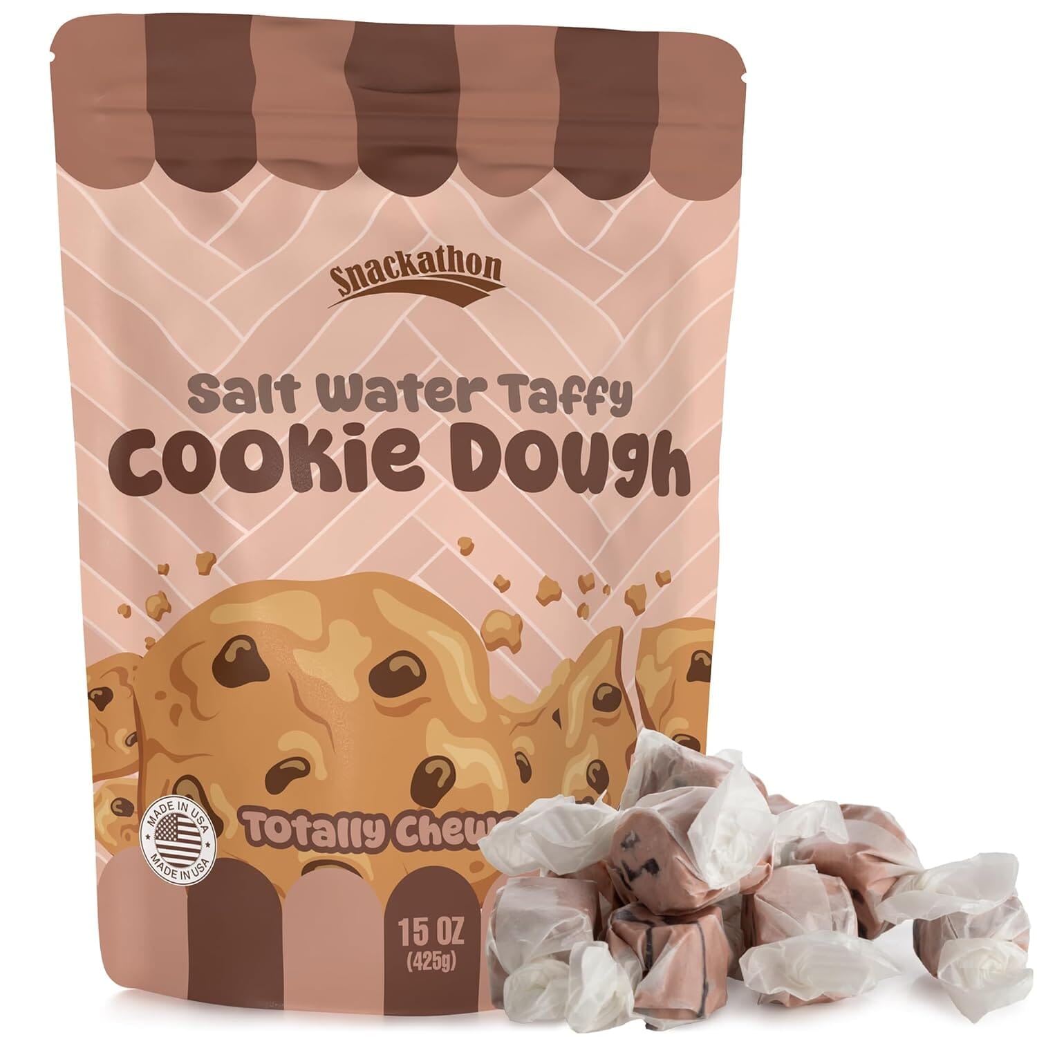 Snackathon Salt Water Taffy Single Flavor, Cookie Dough, Bulk Individually Wrapped Gourmet Candy, Soft & Chewy Sweet Treats, 15 oz Resealable Bag Snackathon 