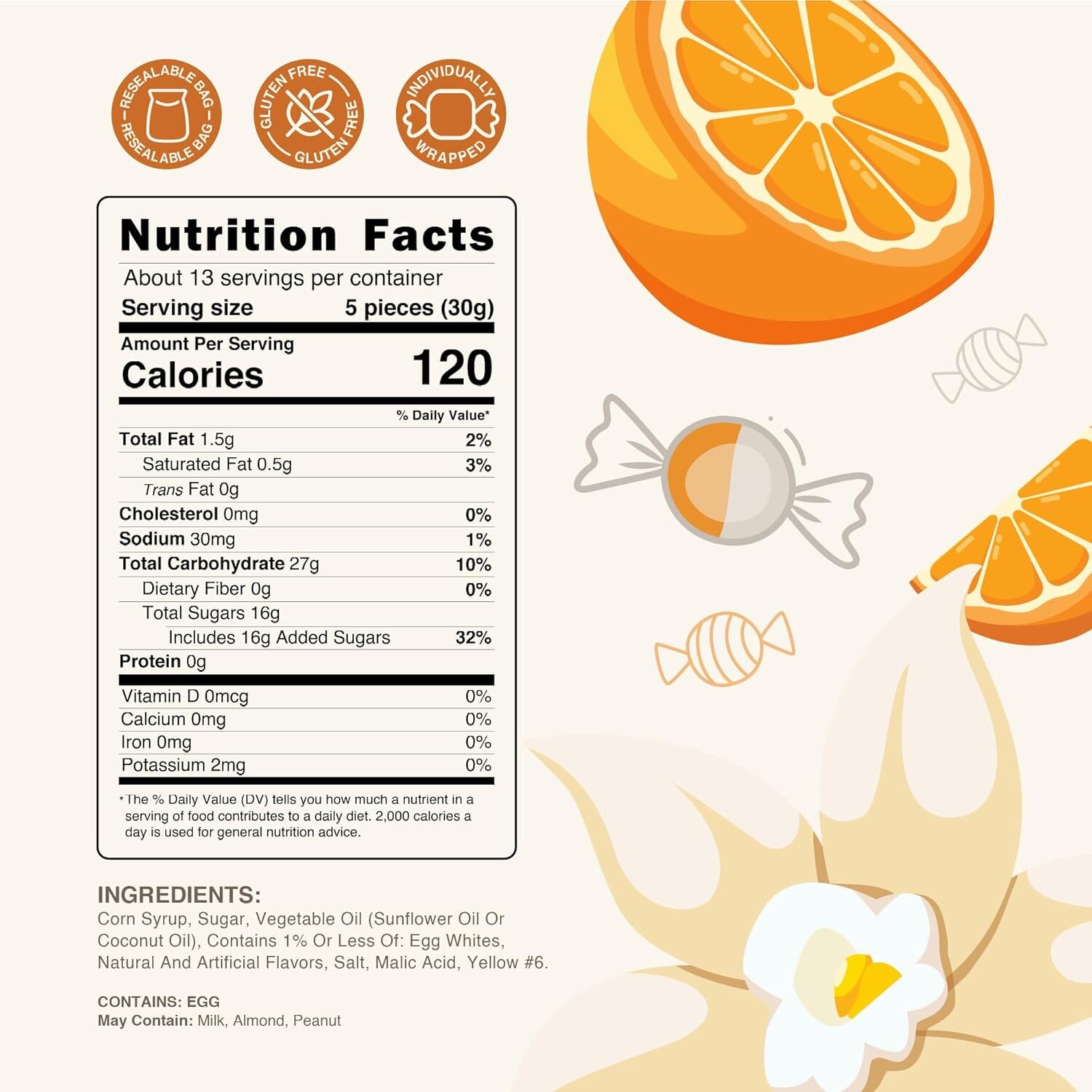 Snackathon Salt Water Taffy Single Flavor, Orange Vanilla, Bulk Individually Wrapped Gourmet Candy, Soft & Chewy Sweet Treats, 15 oz Resealable Bag Snackathon 