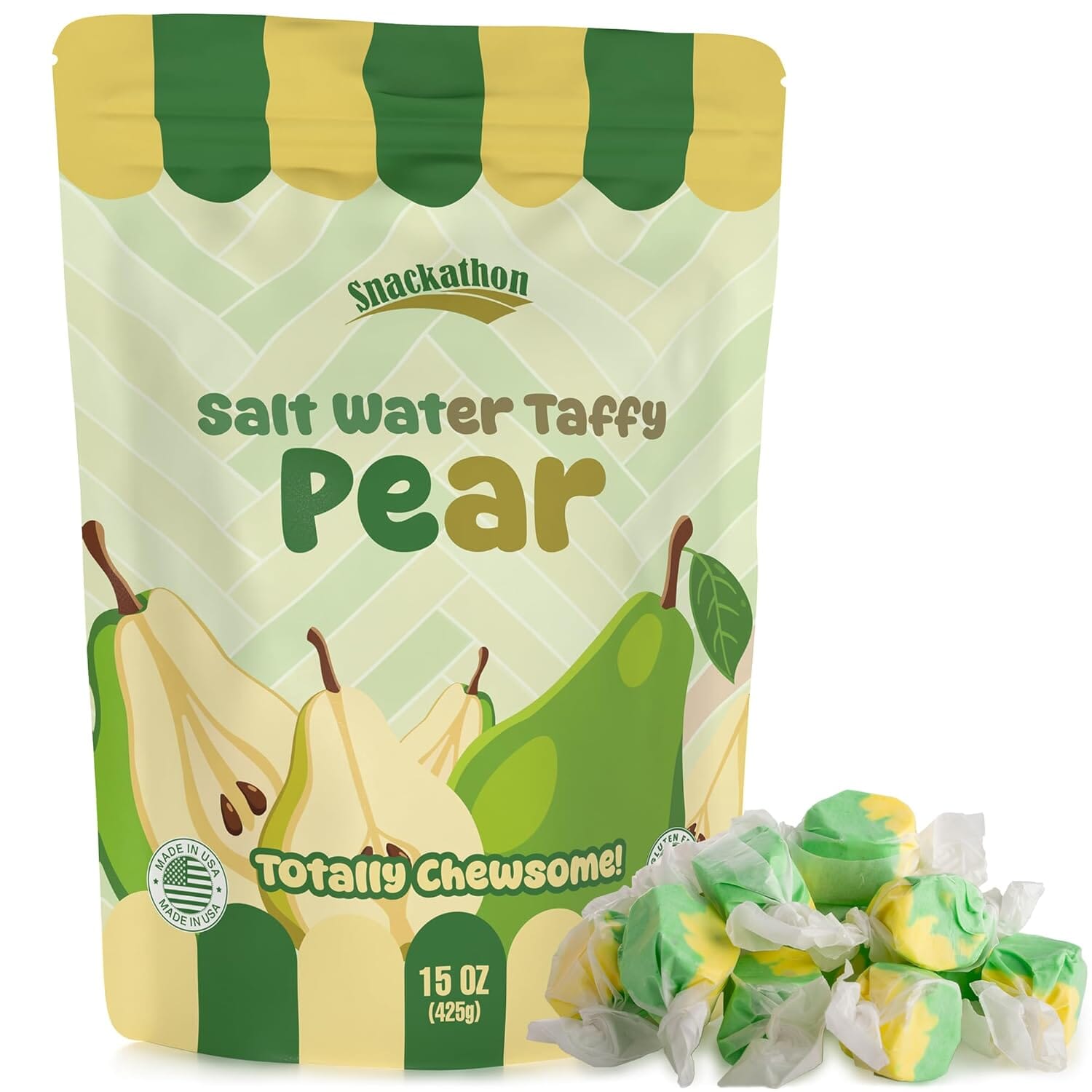 Snackathon Salt Water Taffy Single Flavor, Pear, Bulk Individually Wrapped Gourmet Candy, Soft & Chewy Sweet Treats, 15 oz Resealable Bag Snackathon 