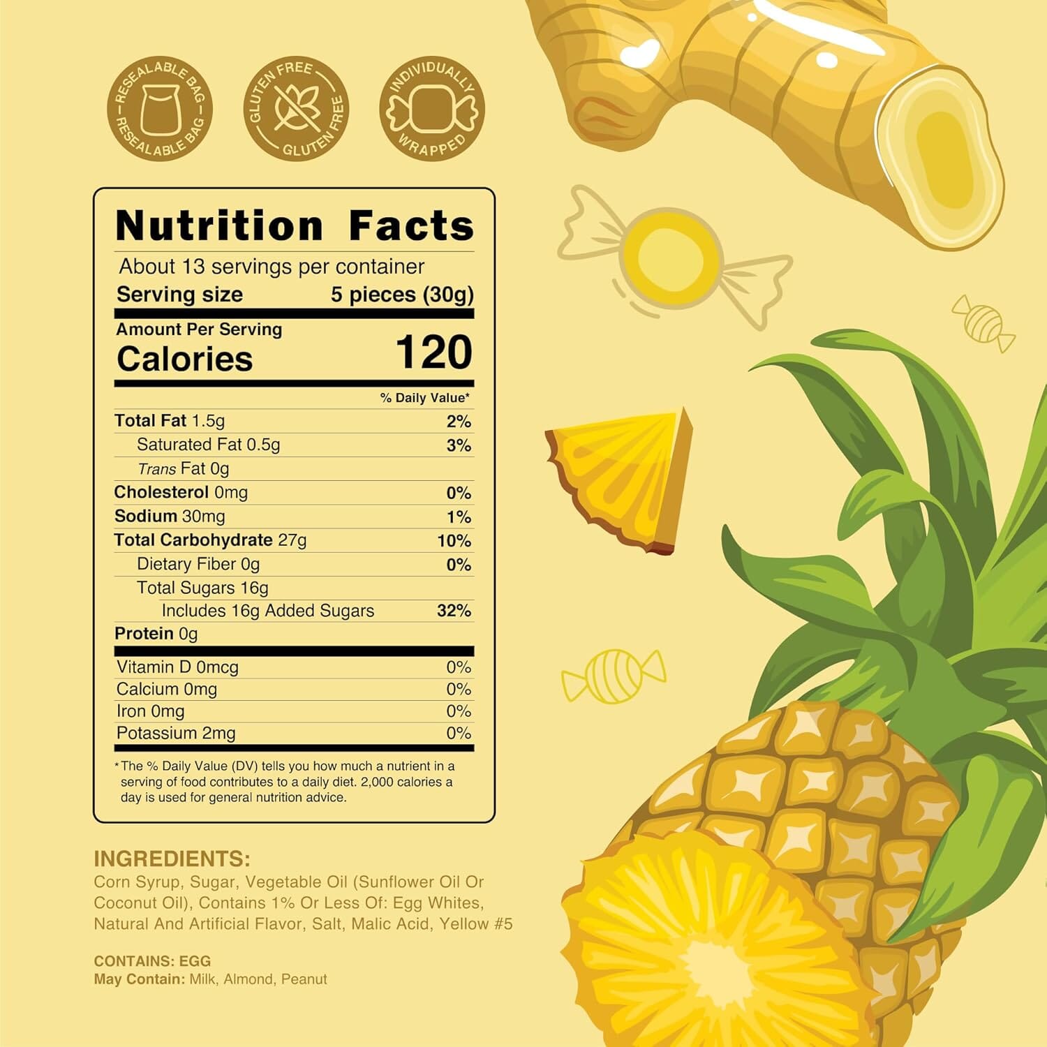 Snackathon Salt Water Taffy Single Flavor, Pineapple Ginger, Bulk Individually Wrapped Gourmet Candy, Soft & Chewy Sweet Treats, 15 oz Resealable Bag Snackathon 