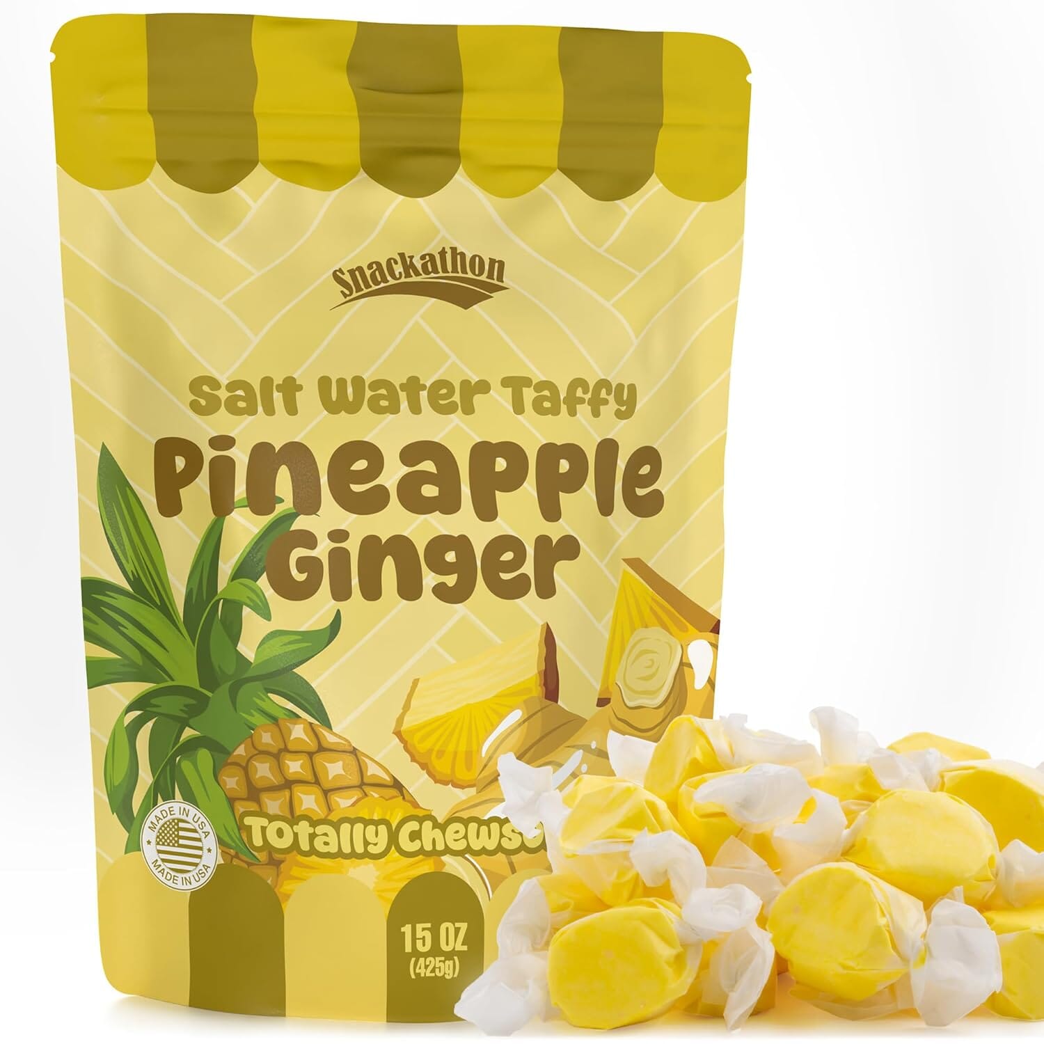 Snackathon Salt Water Taffy Single Flavor, Pineapple Ginger, Bulk Individually Wrapped Gourmet Candy, Soft & Chewy Sweet Treats, 15 oz Resealable Bag Snackathon 