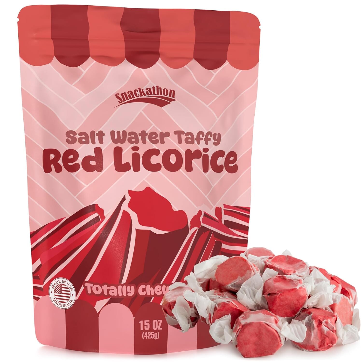 Snackathon Salt Water Taffy Single Flavor, Red Licorice, Bulk Individually Wrapped Gourmet Candy, Soft & Chewy Sweet Treats, 15 oz Resealable Bag Snackathon 