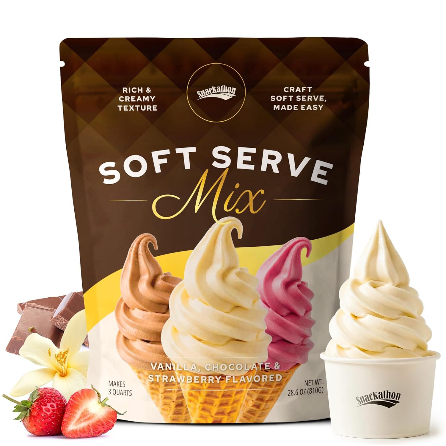 Snackathon Soft Serve Mix Variety Pack, 3 Creamy Flavors (Vanilla, Chocolate, Strawberry), Makes 3 Quarts, Preportioned Powder Mix for Ice Cream Maker, Frozen Desserts & Neapolitan Ice Cream Snackathon 3 Creamy 