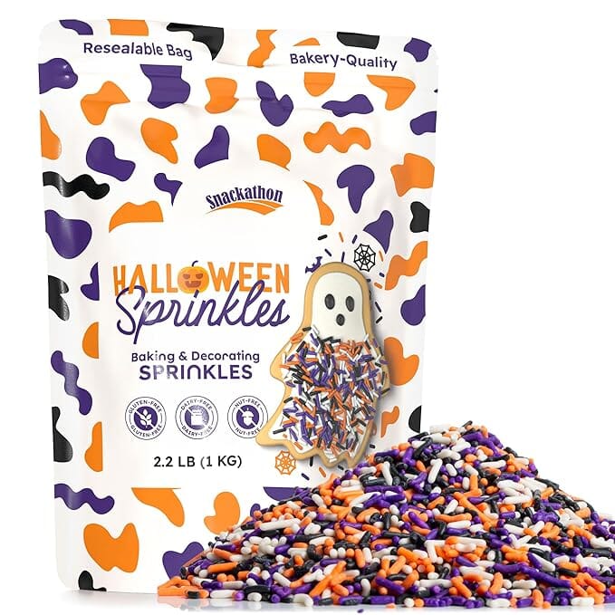 Snackathon Sprinkles for Baking & Decorating, Halloween Sprinkles, 2.2 LB Bulk Spooky Jimmies in Resealable Pouch – Orange, Black, Purple & White Colors for Cupcakes, Cookies, and Treats Snackathon 2.2 Pounds 