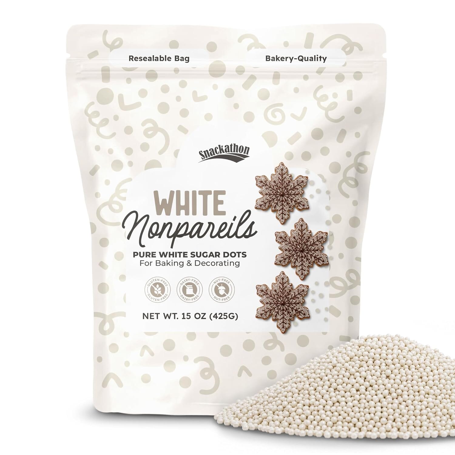 Snackathon Sprinkles for Baking & Decorating, White Nonpareils, Resealable Bag, Bulk White Sugar Dot Sprinkles for Cakes, Ice Cream, Cupcakes, Cake Pops & Dessert Toppings Snackathon White Nonpareils 2.2 Pound 