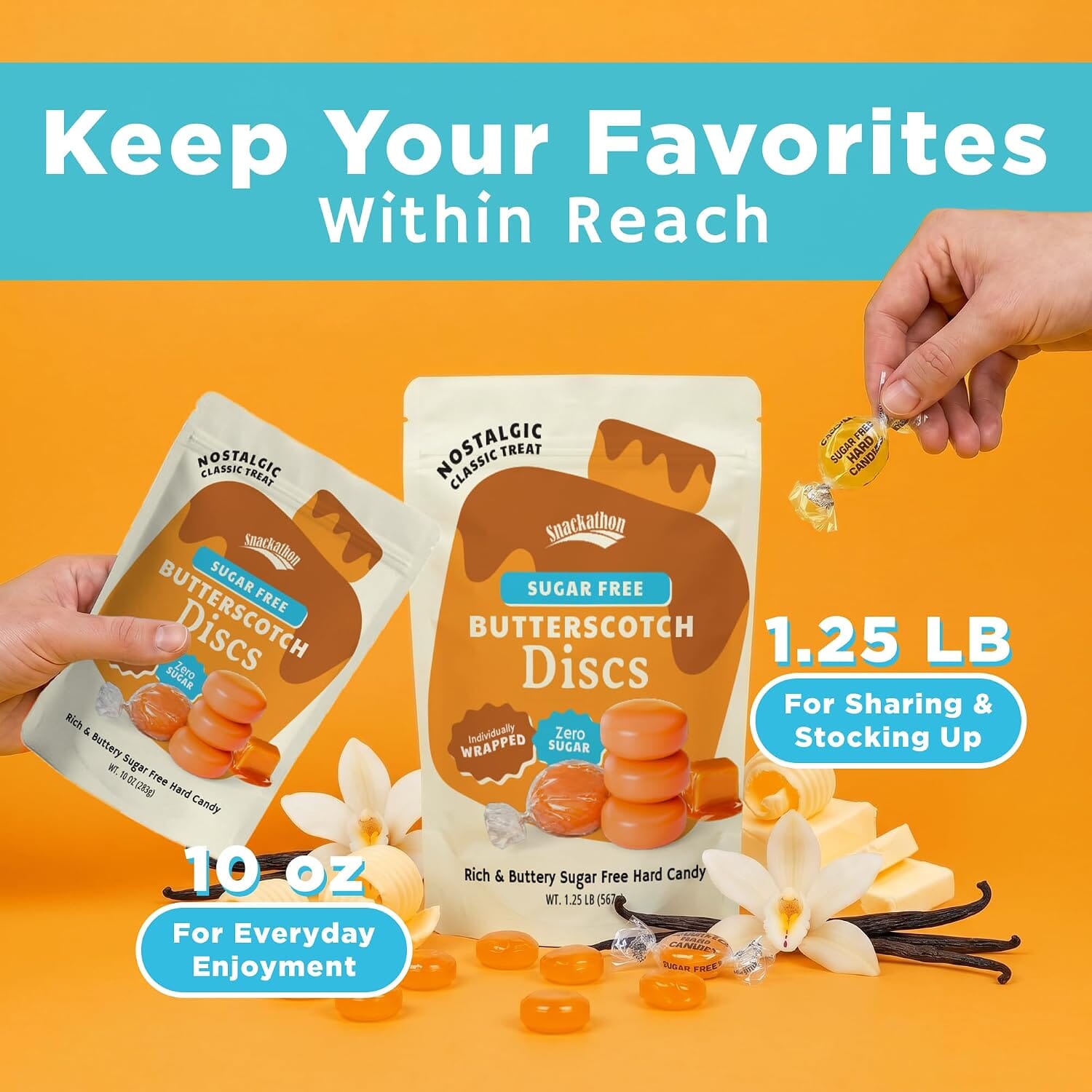 Snackathon Sugar Free Butterscotch Hard Candy, Individually Wrapped | Resealable Bag, Zero Sugar Butter Scotch Discs, Old Fashioned Candy, Gluten Free, For Sharing & Gifting Snackathon 