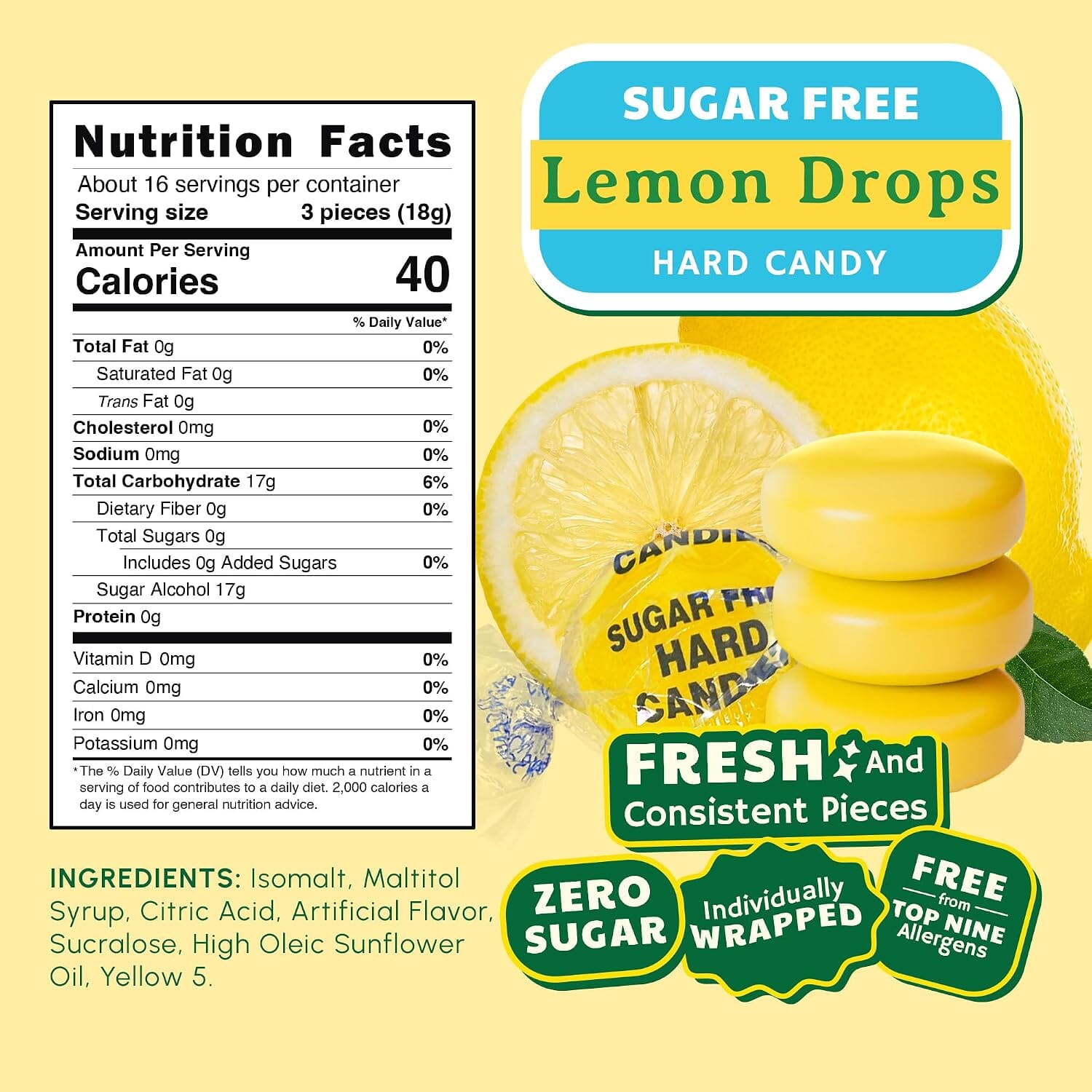 Snackathon Sugar Free Lemon Drops Hard Candy, Individually Wrapped Snackathon 