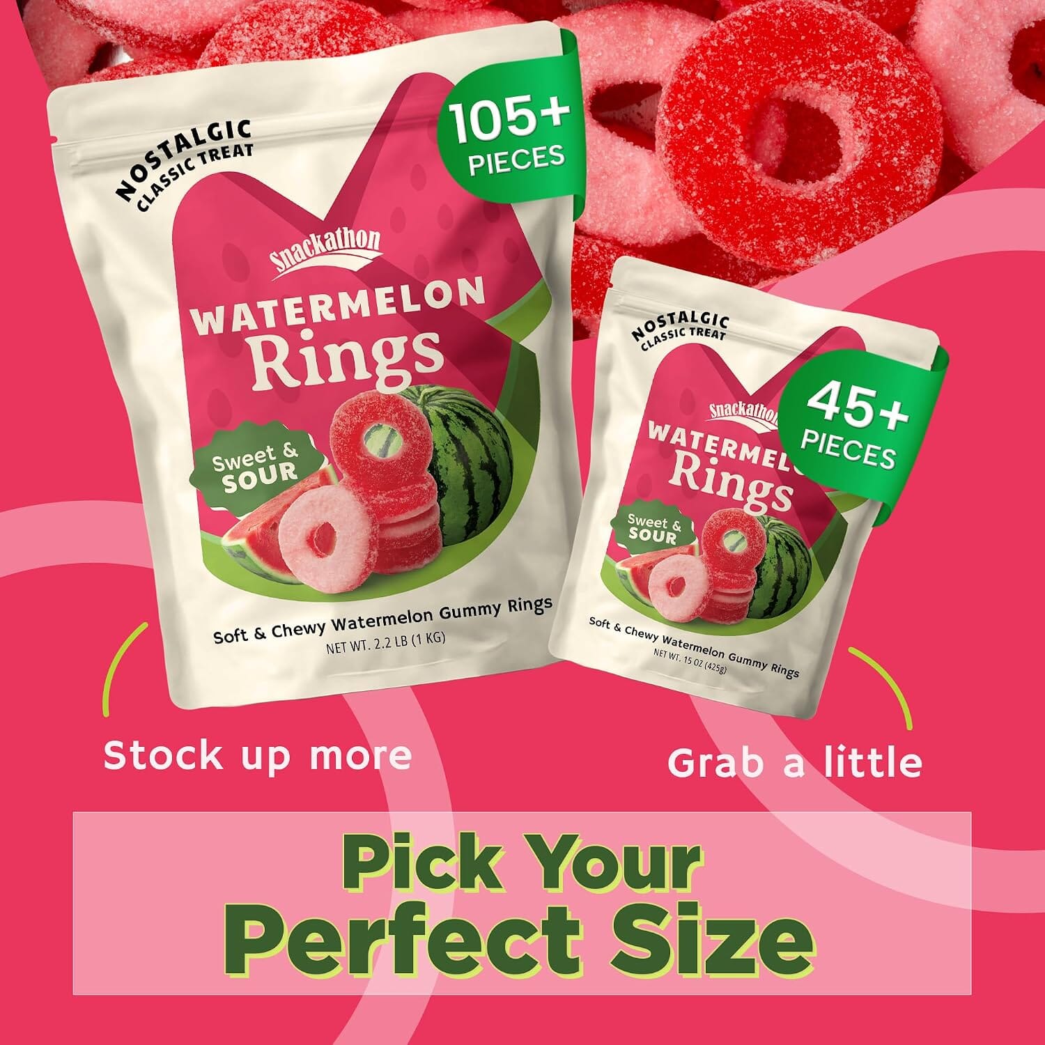 Snackathon Watermelon Rings Gummy Candy, Soft & Chewy Pink Gummies Snackathon 