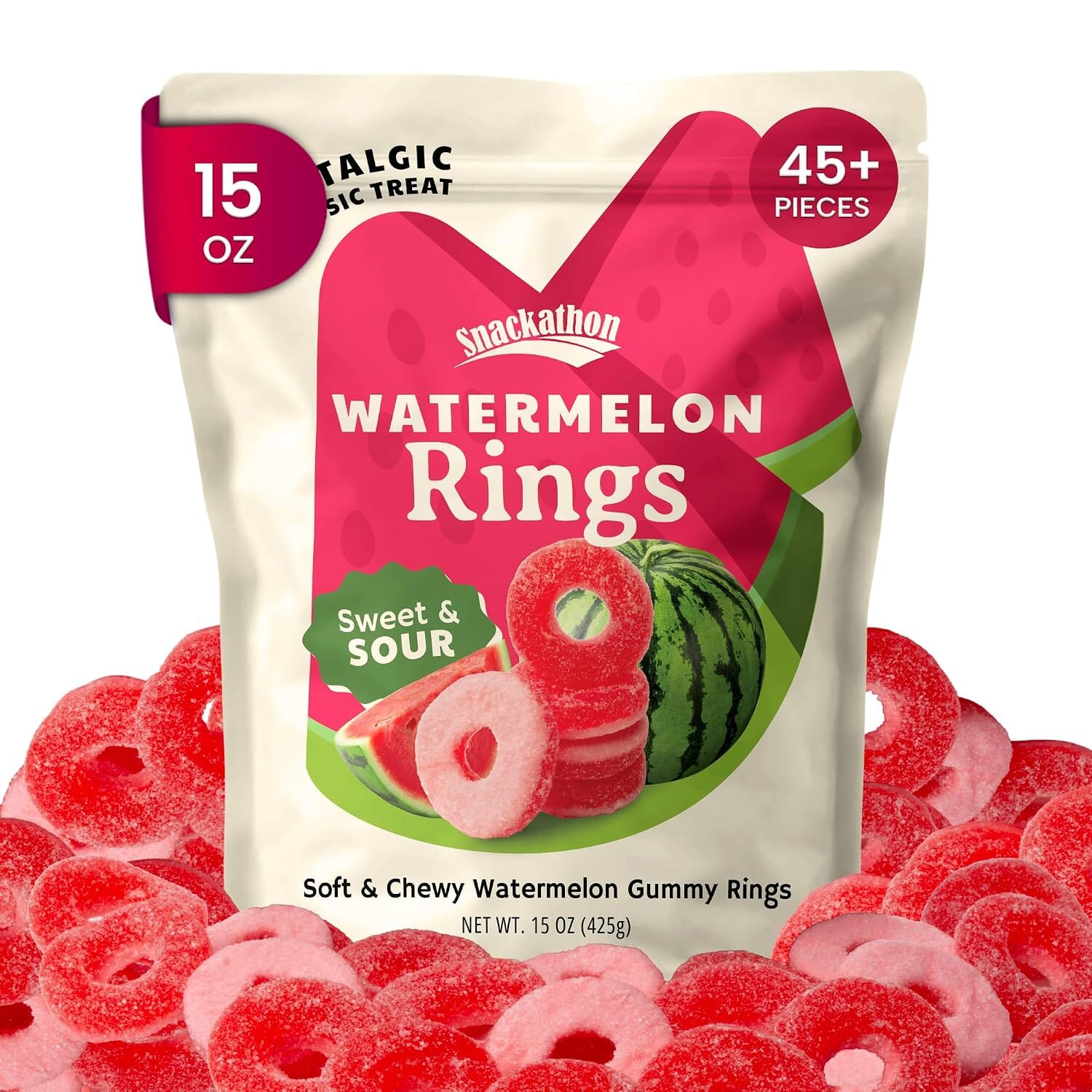 Snackathon Watermelon Rings Gummy Candy, Soft & Chewy Pink Gummies Snackathon Watermelon 15 Ounce 