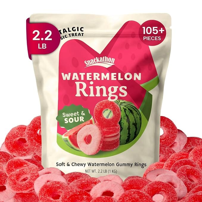 Snackathon Watermelon Rings Gummy Candy, Soft & Chewy Pink Gummies Snackathon Watermelon 2.2 Pound 