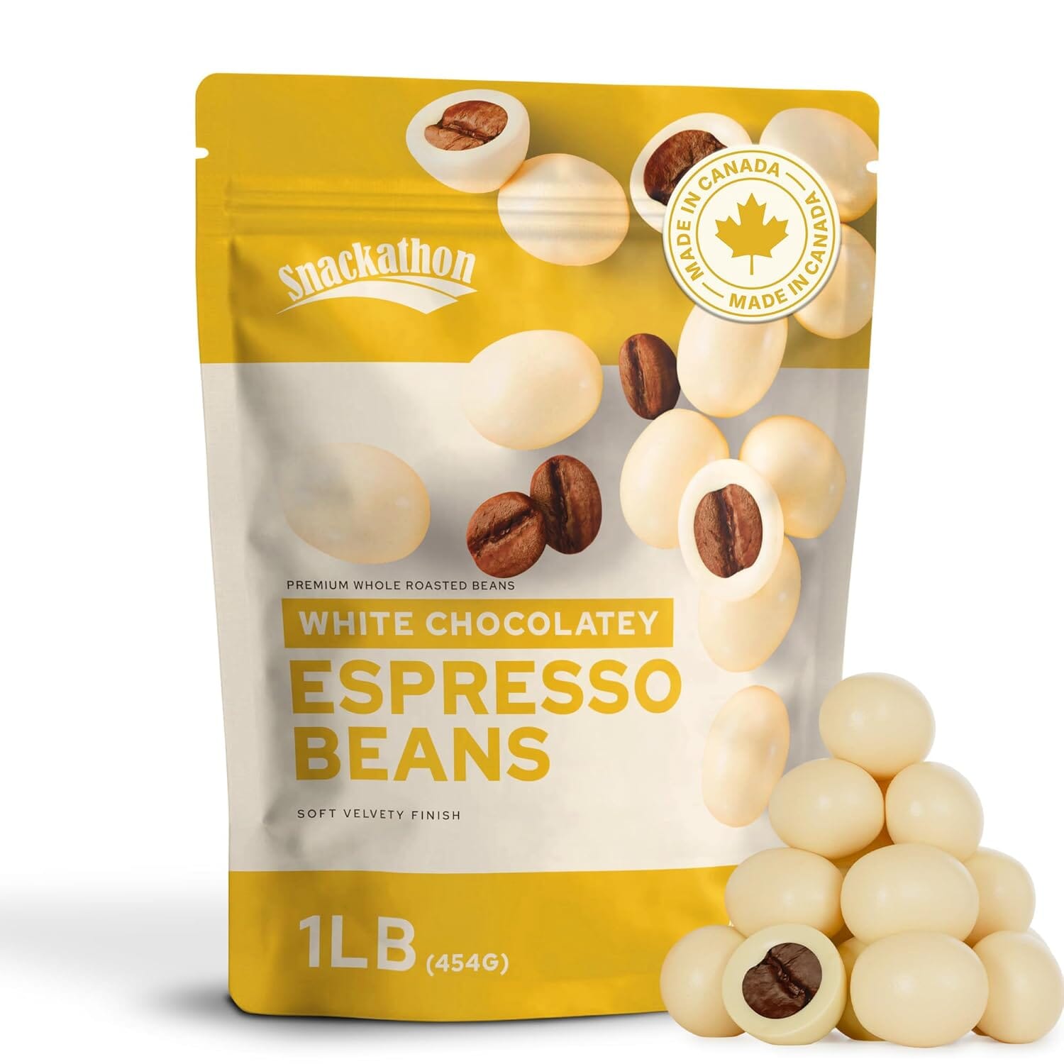 Snackathon White Chocolatey Covered Espresso Beans, Resealable Snack Pack Snackathon Foods 1 Pound 