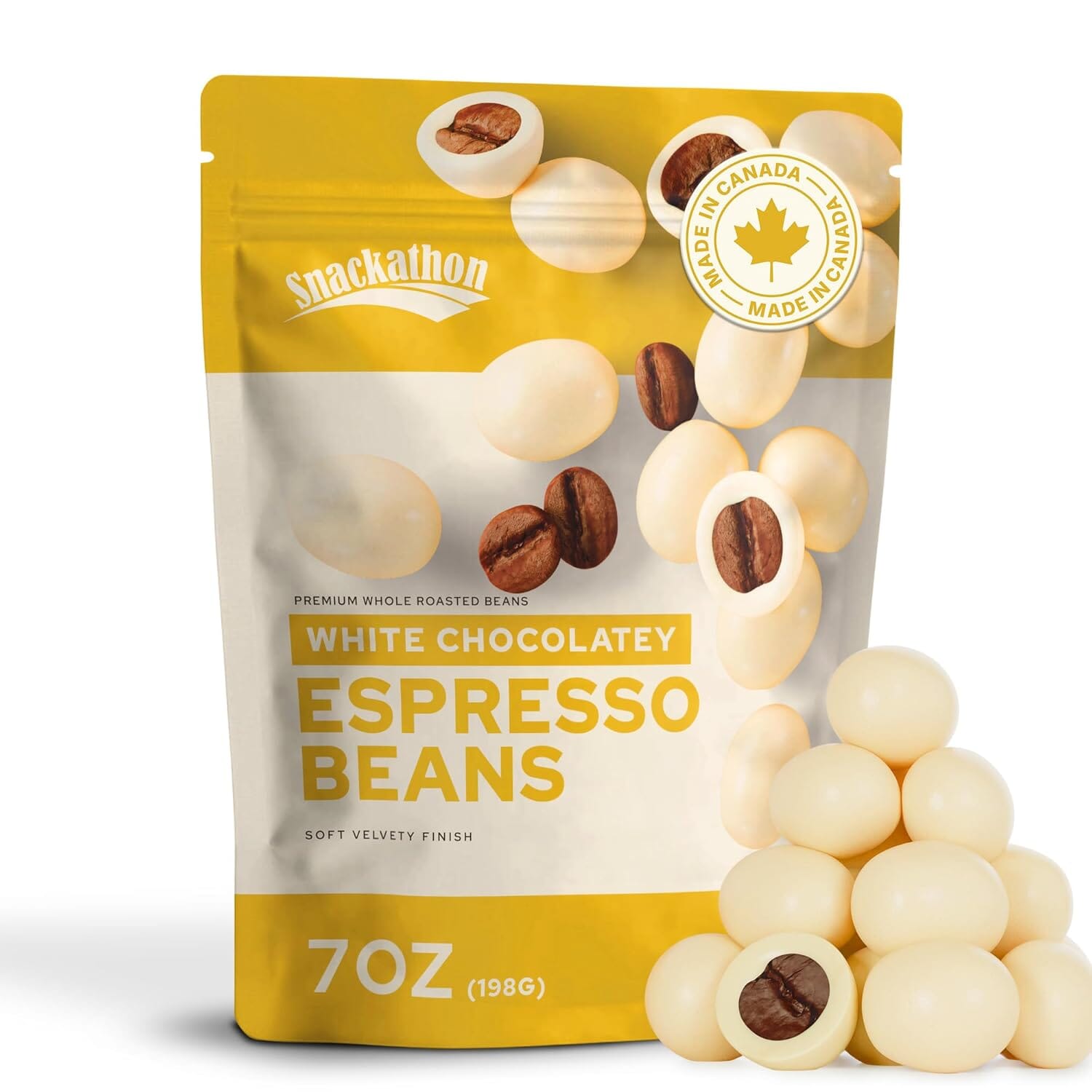 Snackathon White Chocolatey Covered Espresso Beans, Resealable Snack Pack Snackathon Foods 7 Ounce 