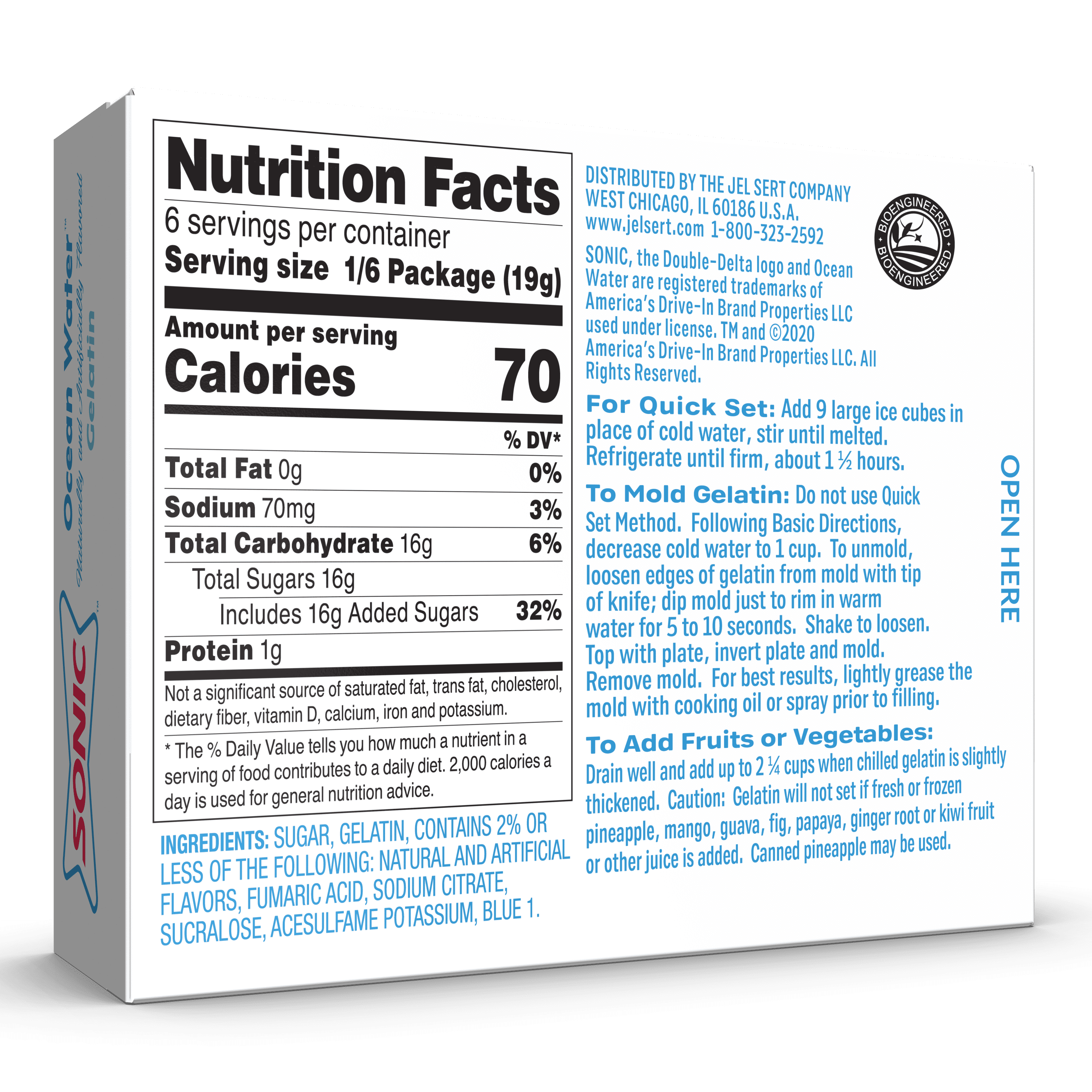 Sonic Ocean Water Gelatin Mix, 6 Servings, 3.94 oz Cardboard Box Sonic 