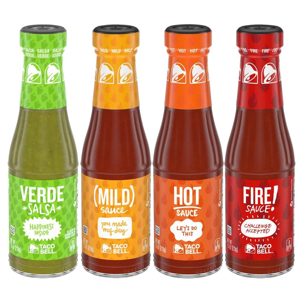 Taco Bell Glass Condiment Sauce Variety Pack, 1 Verde, 1 Mild, 1 Hot, 1 Fire, 4 CT Snackathon 