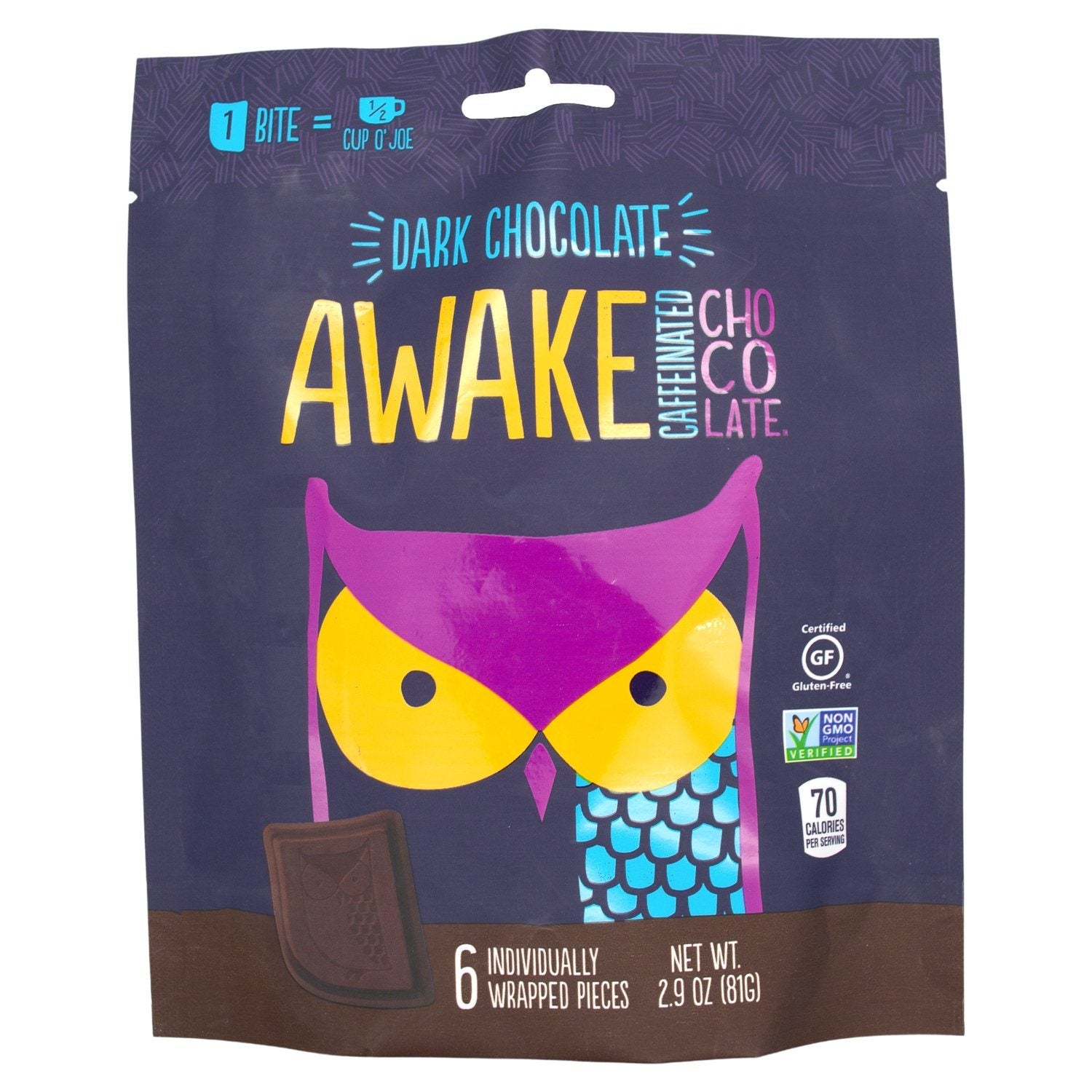 Awake Caffeinated Chocolate Energy Bites Meltable Awake Chocolate Dark Chocolate 0.46 Oz-6 Count 