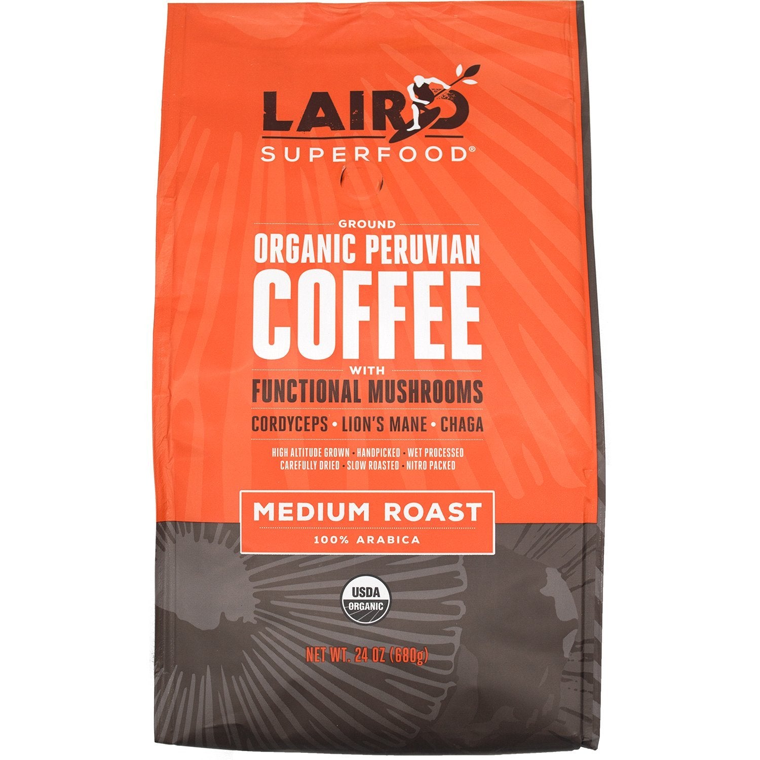Laird Superfood Ground Organic Peruvian Coffee with Functional Mushrooms Laird Superfood Medium Roast 24 Ounce 