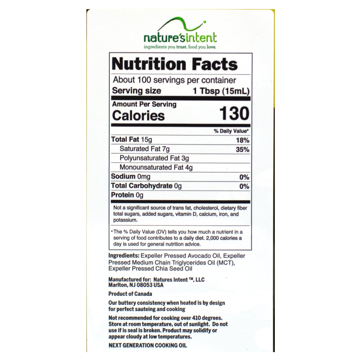 Nature's Intent Avocado, MCT, & Chia All Purpose Cooking Oil Nature's Intent 