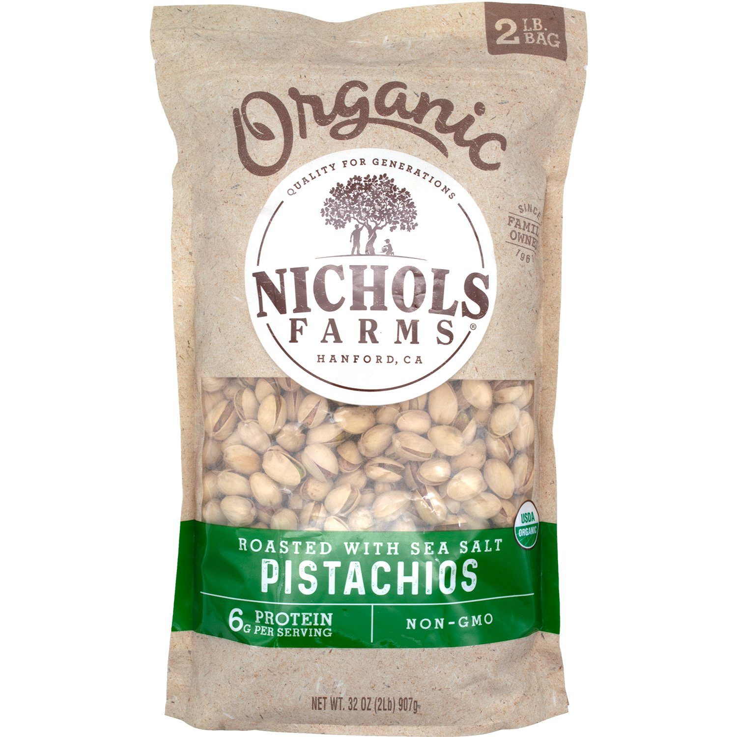 Nichols Farms Organic California In-Shell Pistachios Nichols Farms Roasted with Sea Salt 32 Ounce 