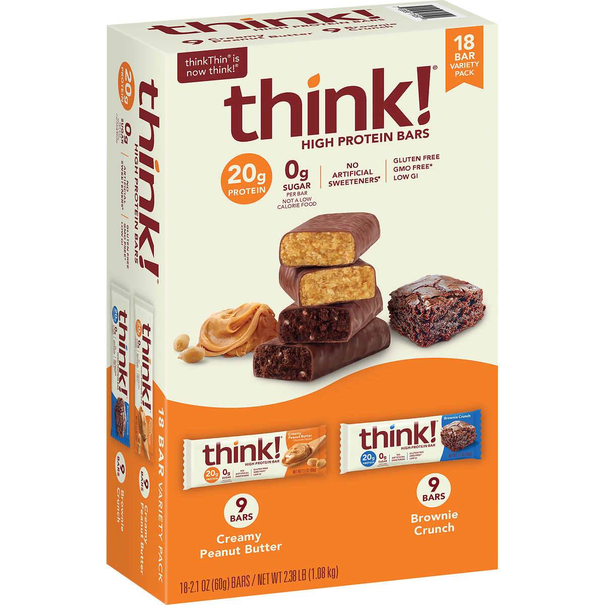 thinkThin High Protein Bars Meltable thinkThin Variety 2.1 Oz-18 Count (Creamy Peanut Butter & Brownie Crunch) 